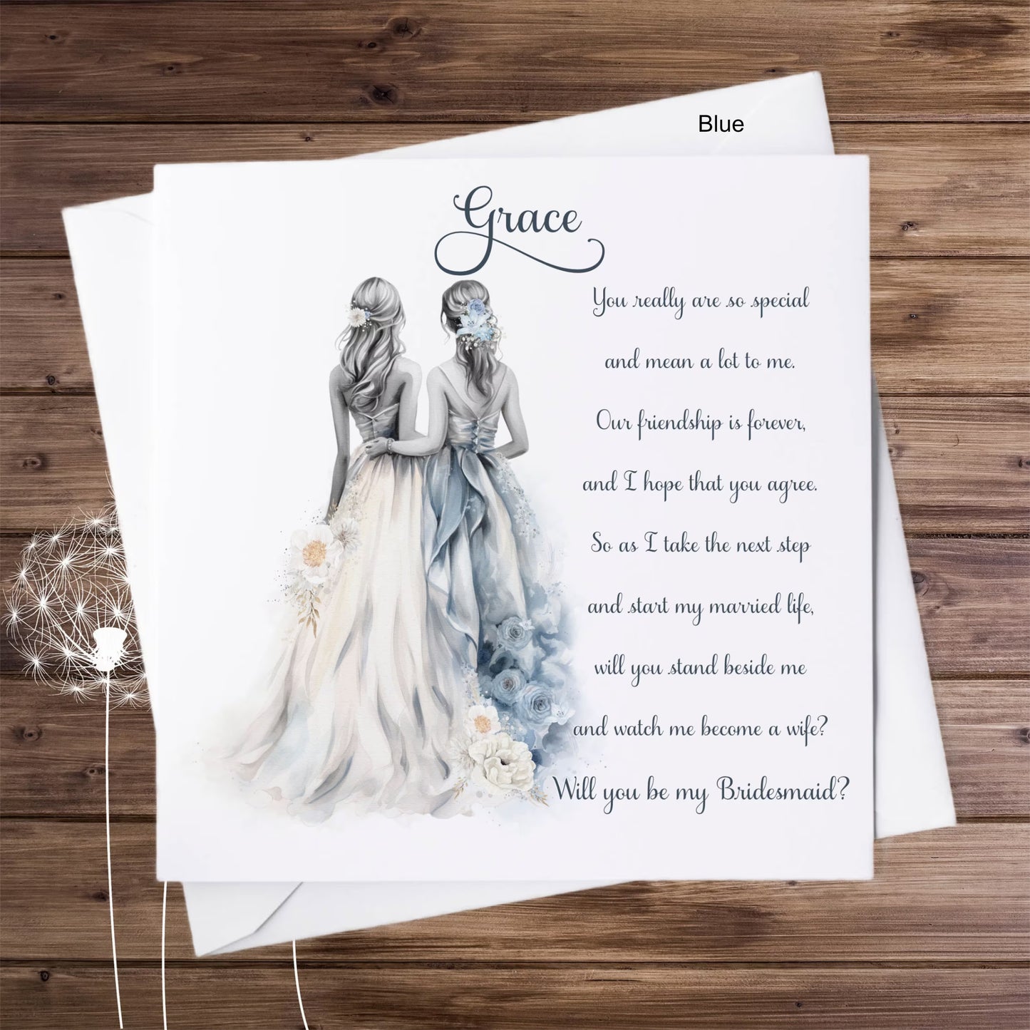 Bridesmaid in blue personalised proposal card with poem.