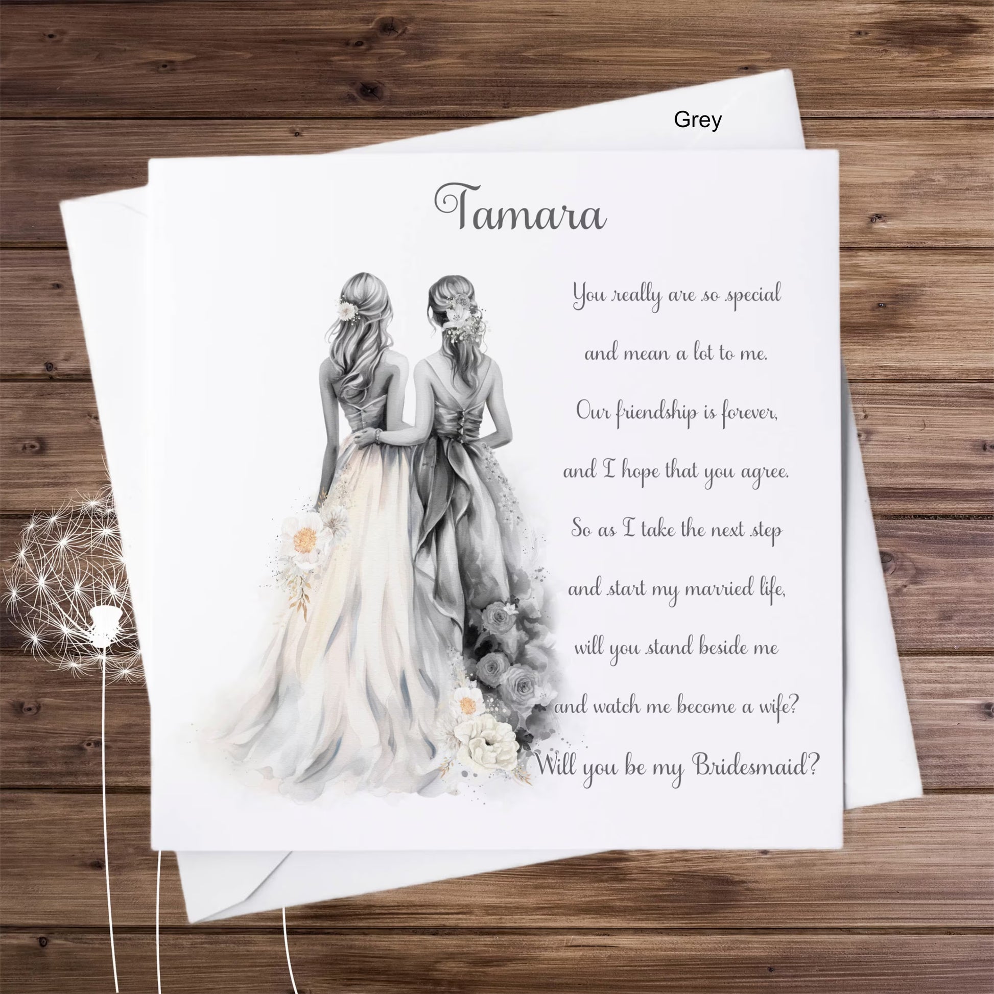 Bridesmaid in grey personalised proposal card with poem.