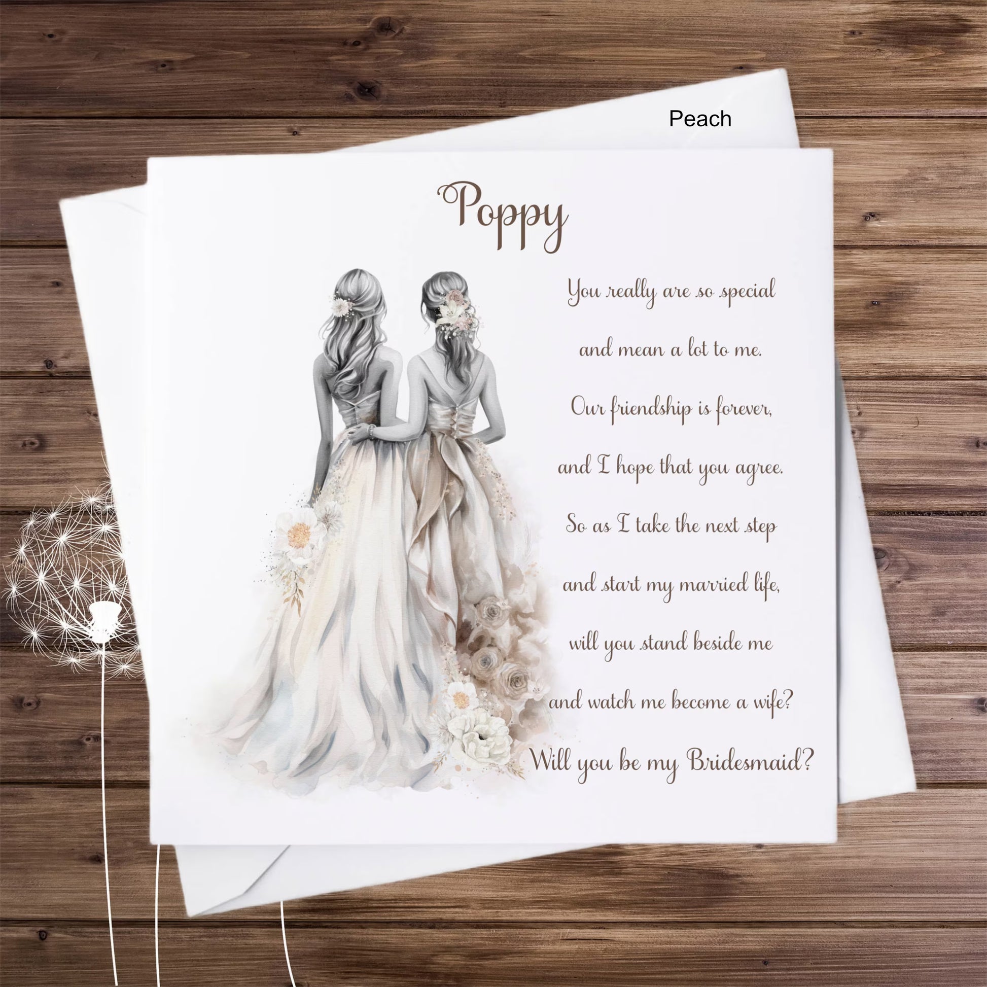 Bridesmaid in peach personalised proposal card with poem.