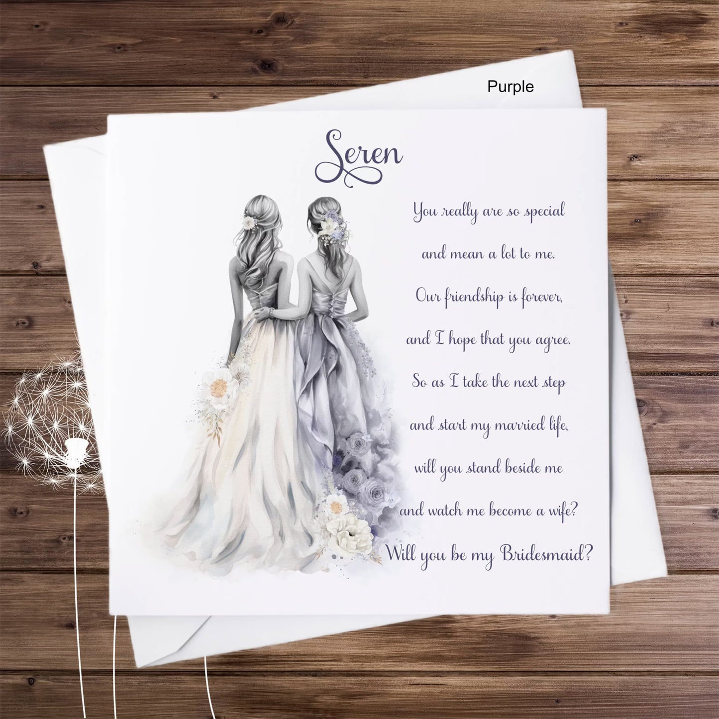 Bridesmaid in purple personalised proposal card with poem.