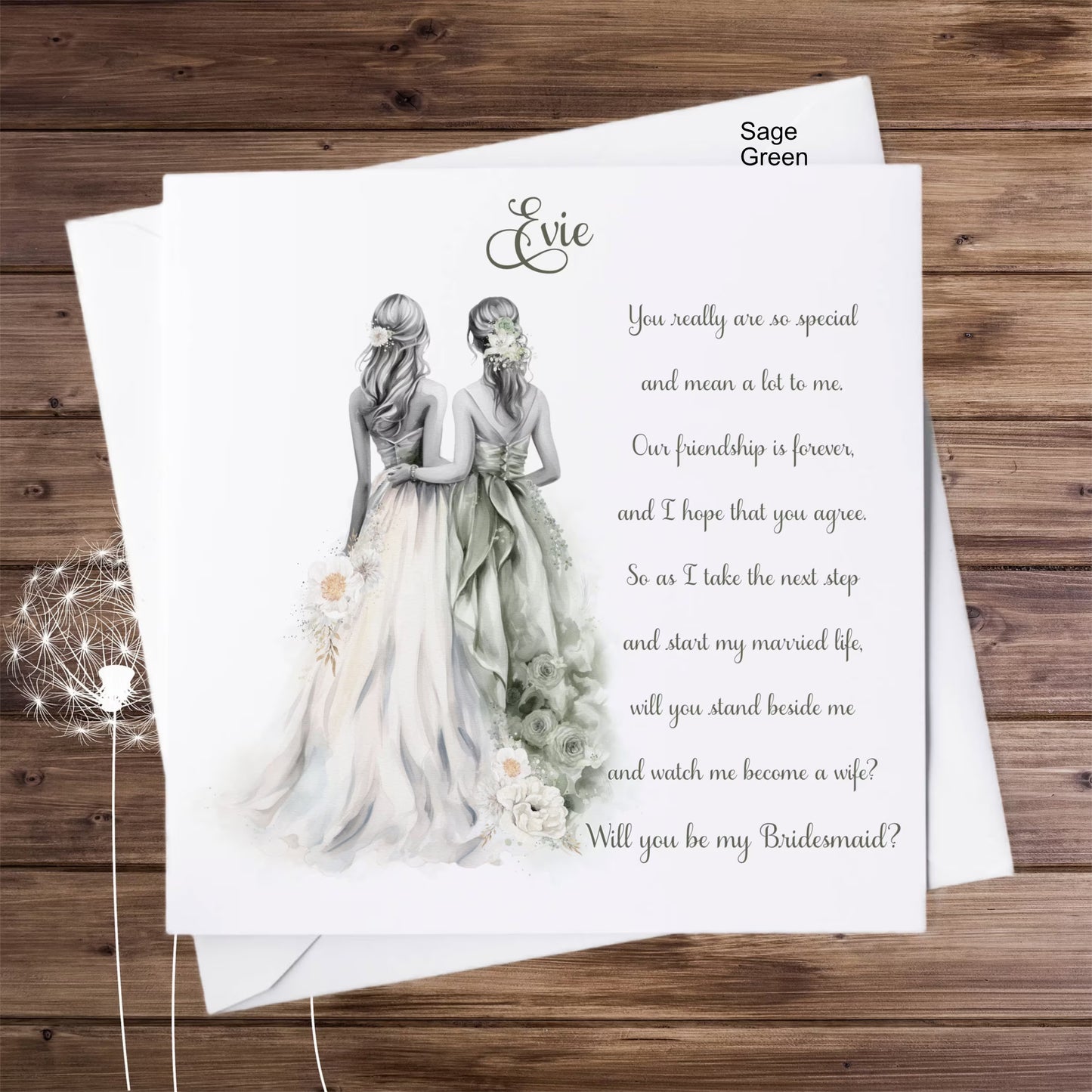 Bridesmaid in sage green personalised proposal card with poem.