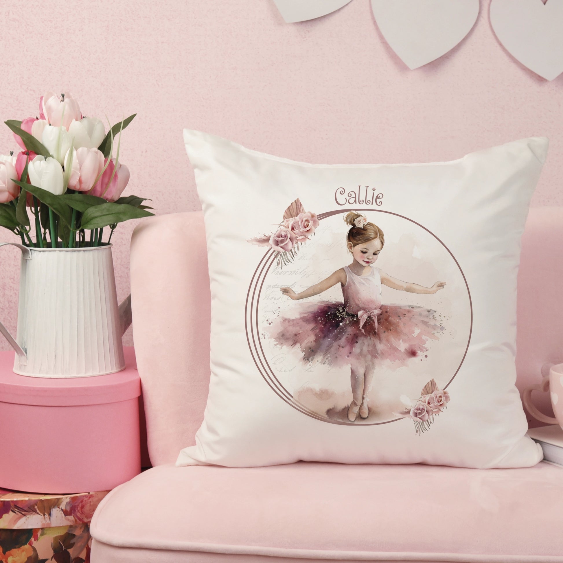 Cushion with a picture of a dancing ballerina in a burgundy tutu with a floral wreath and personalised with the name Callie
