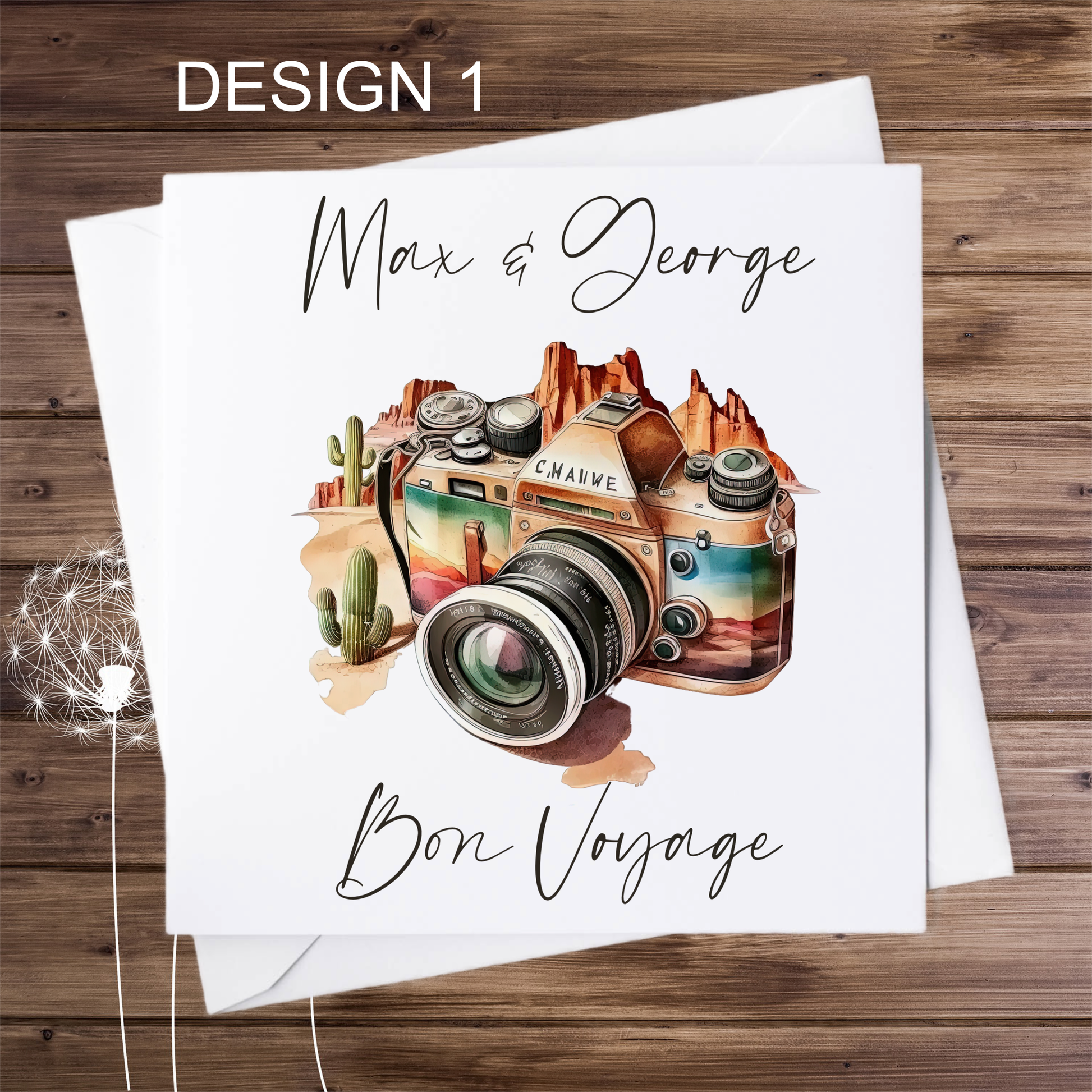 Bon Voyage personalised card with camera in the desert design 1