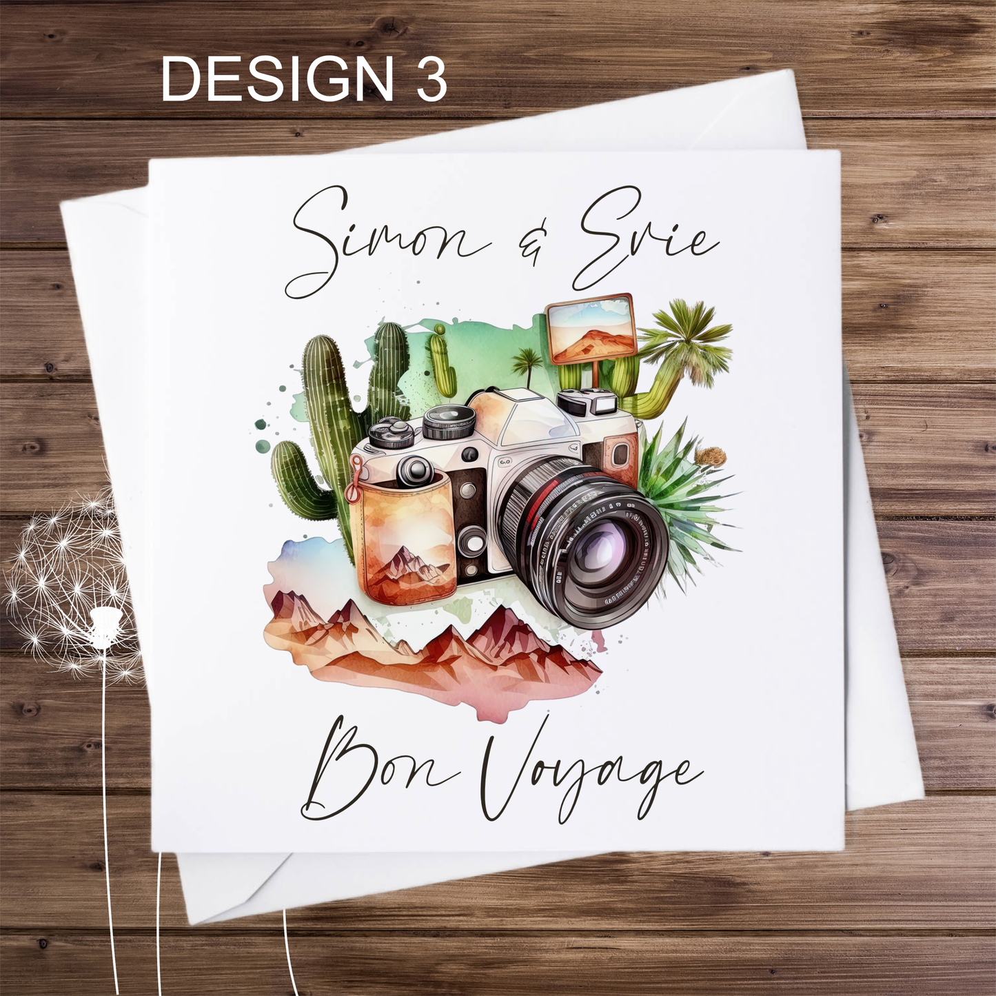 Bon Voyage personalised card with camera in the desert design 3