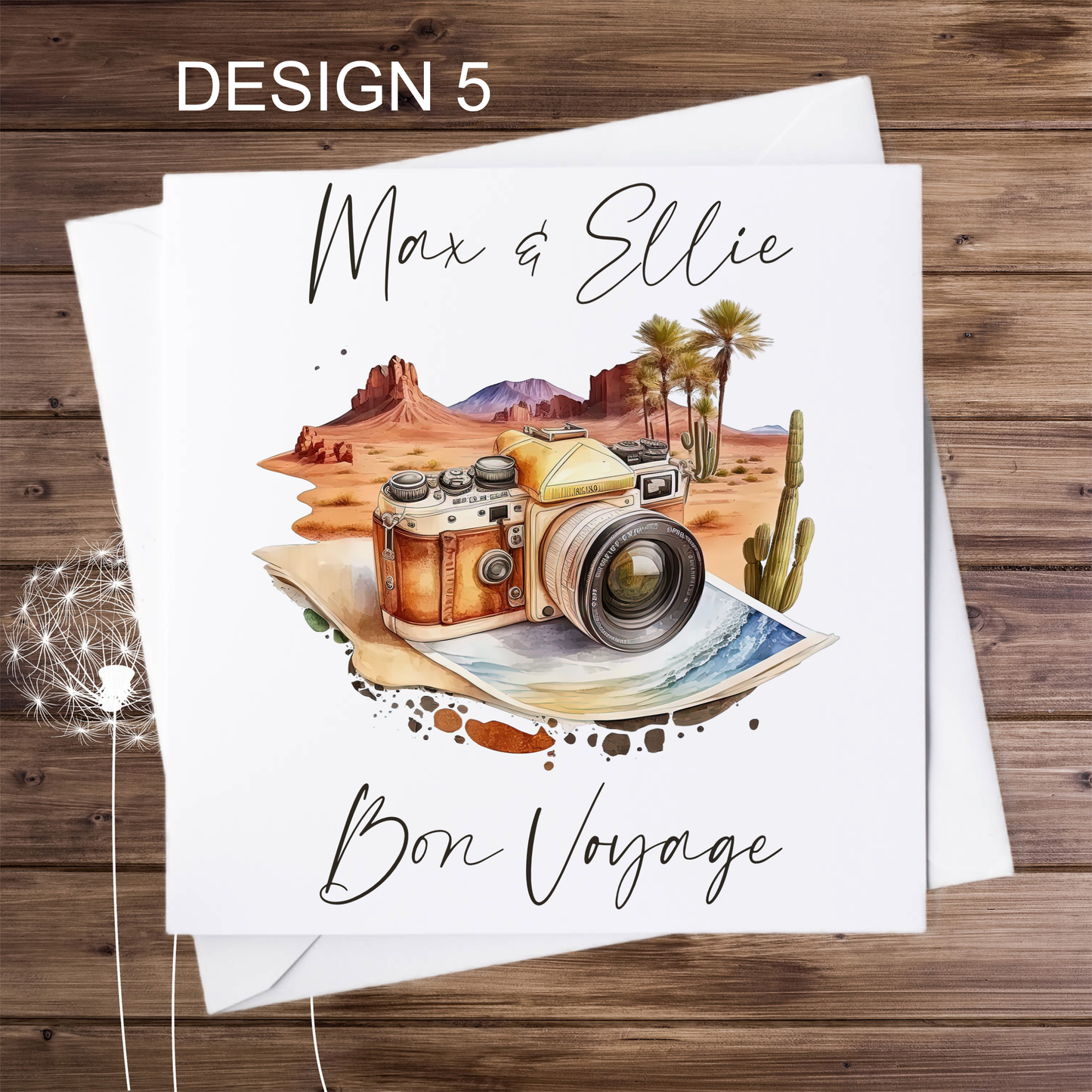 Bon Voyage personalised card with camera in the desert design 5