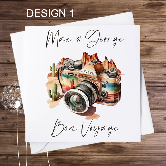 Bon Voyage personalised card with camera in the desert design