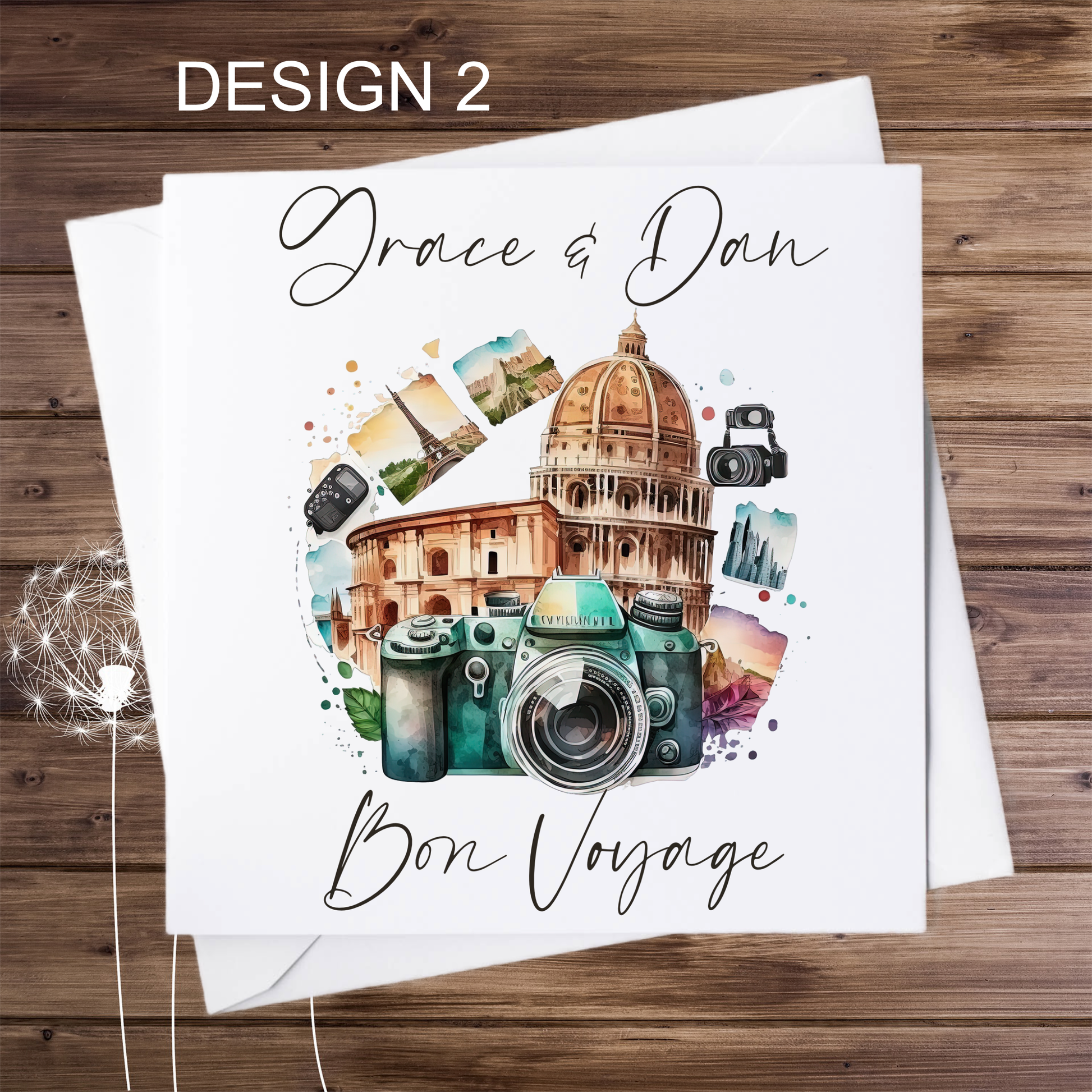 Bon Voyage personalised card with camera and landmarks design