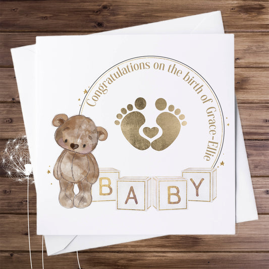 New Baby Personalised Card with Teddy Bear Design