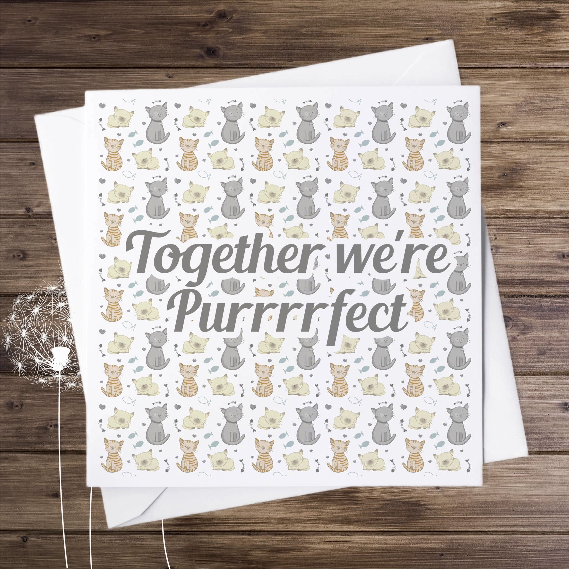 Card with a quirky cat pattern and the wording 'Together We're  Purrrrfect'