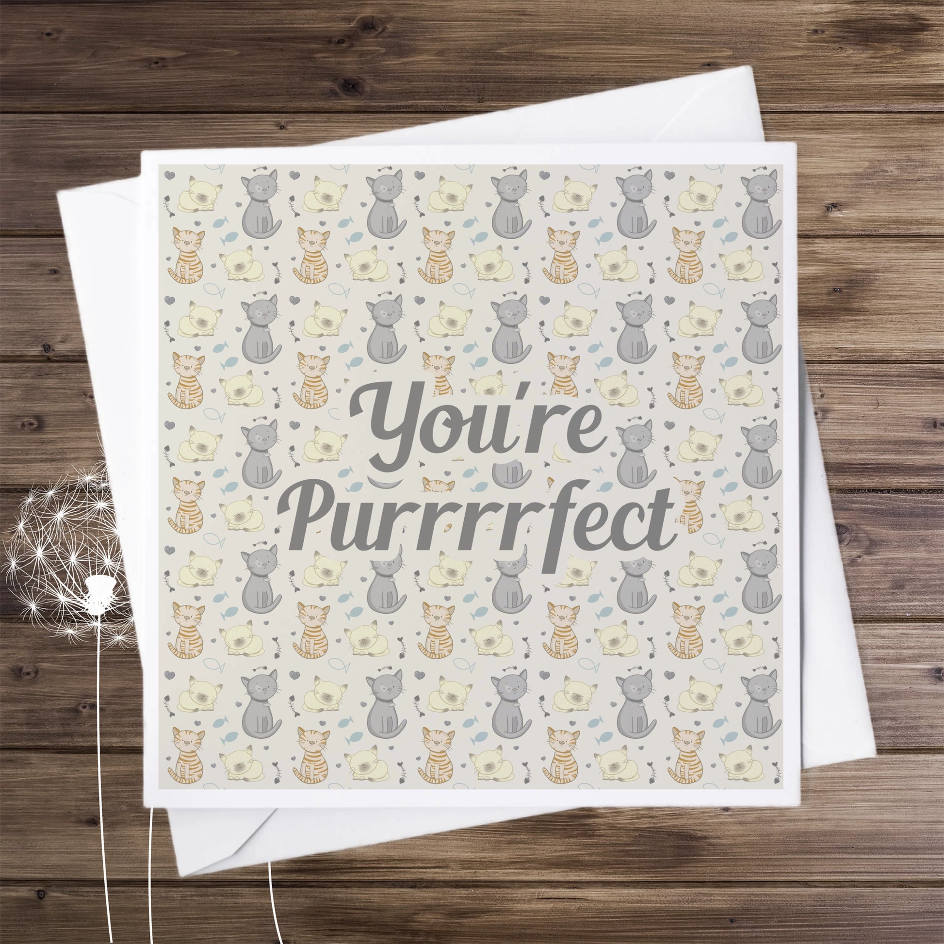 Card with a quirky cat pattern and the wording 'You're Purrrrfect'