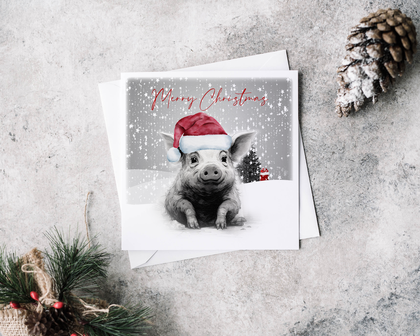 Piglet Christmas card. 6 x 6 linen look card with envelope