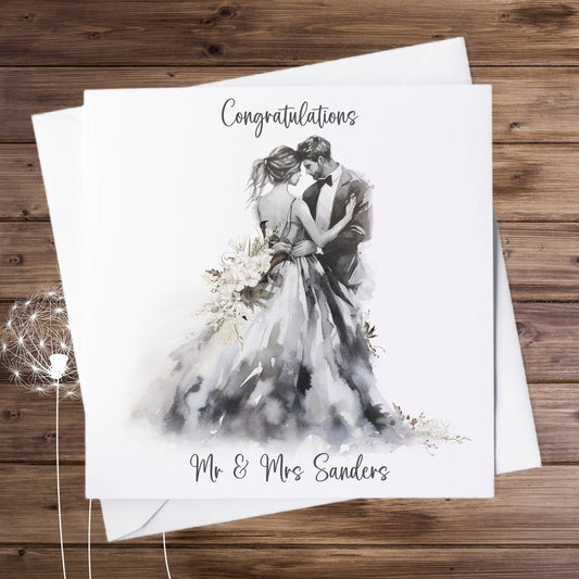 Greeting card featuring a bride and groom and is personalised