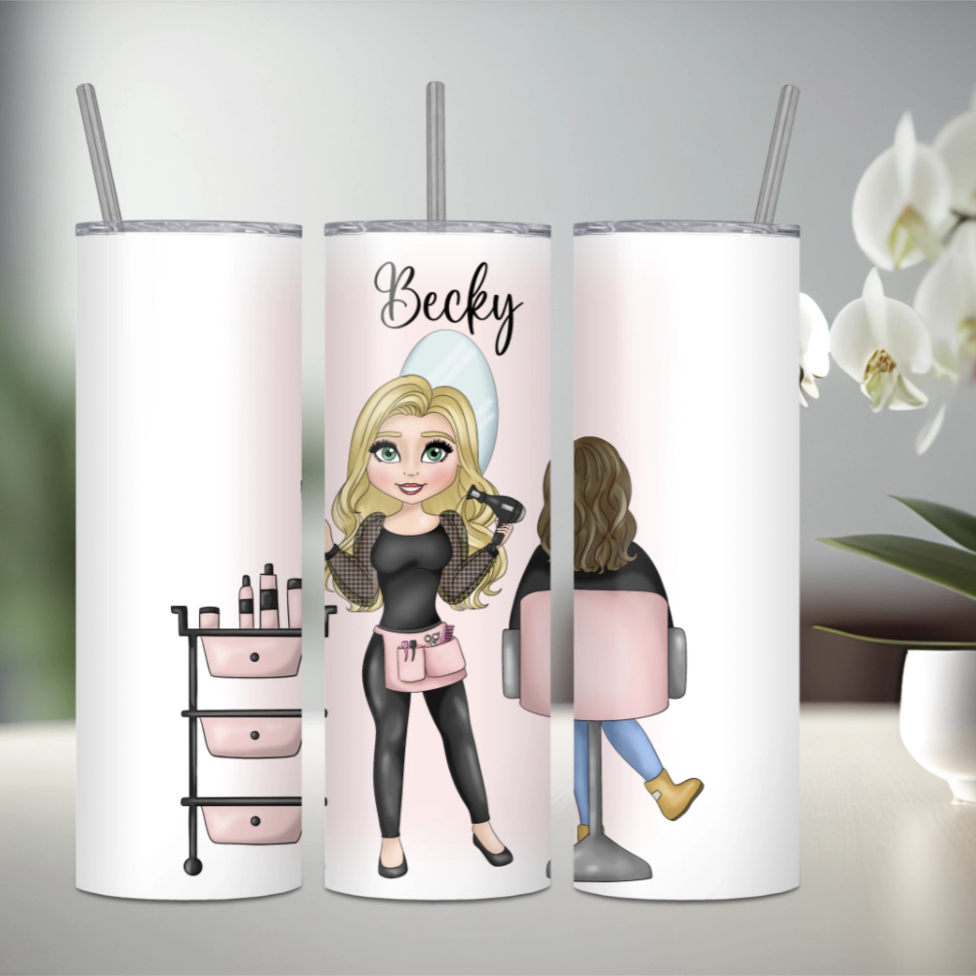 Personalised stainless steel tumbler featuring a hairdresser with blonde hair and a seated client with brown hair