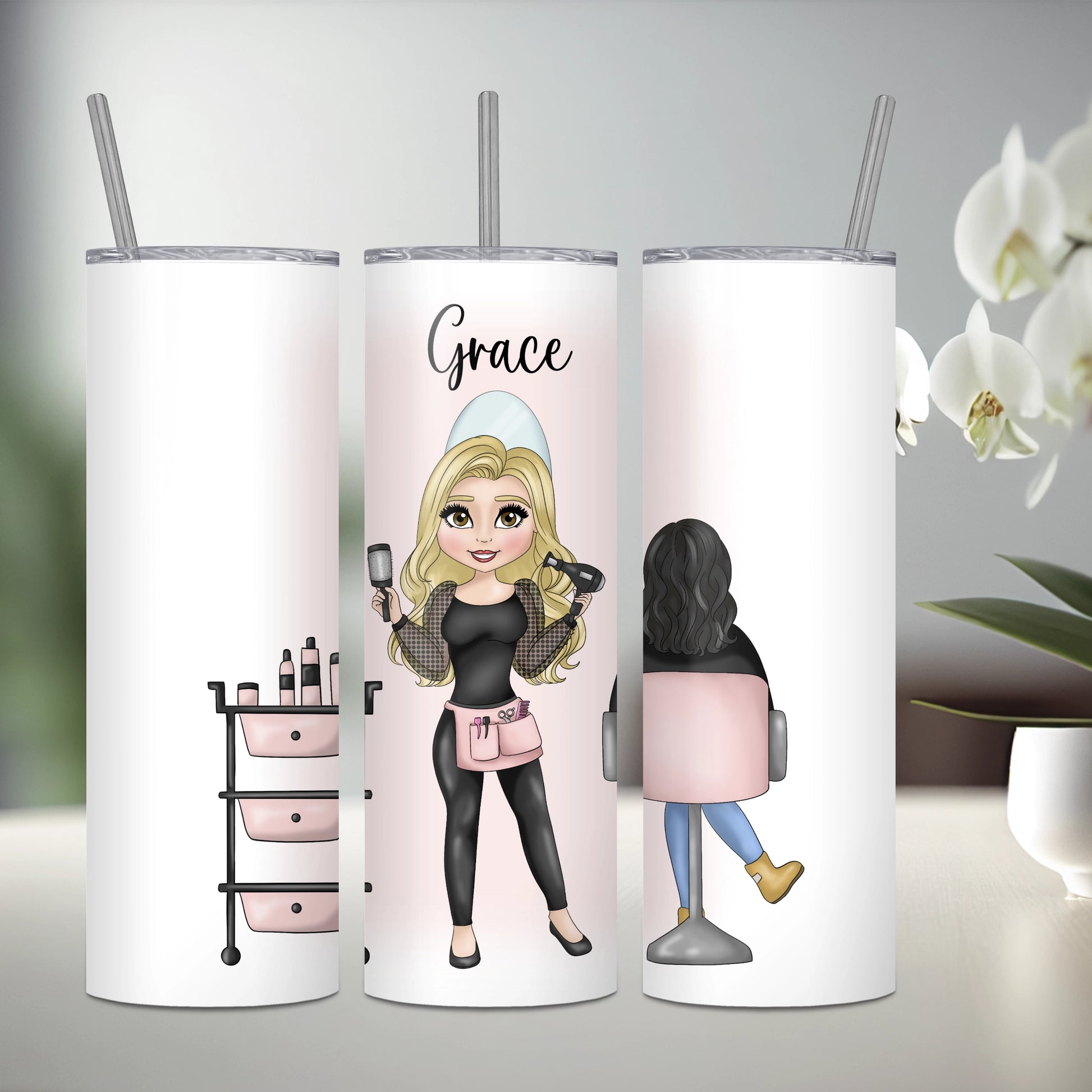 Personalised stainless steel tumbler featuring a hairdresser with blonde hair and a seated client with black hair