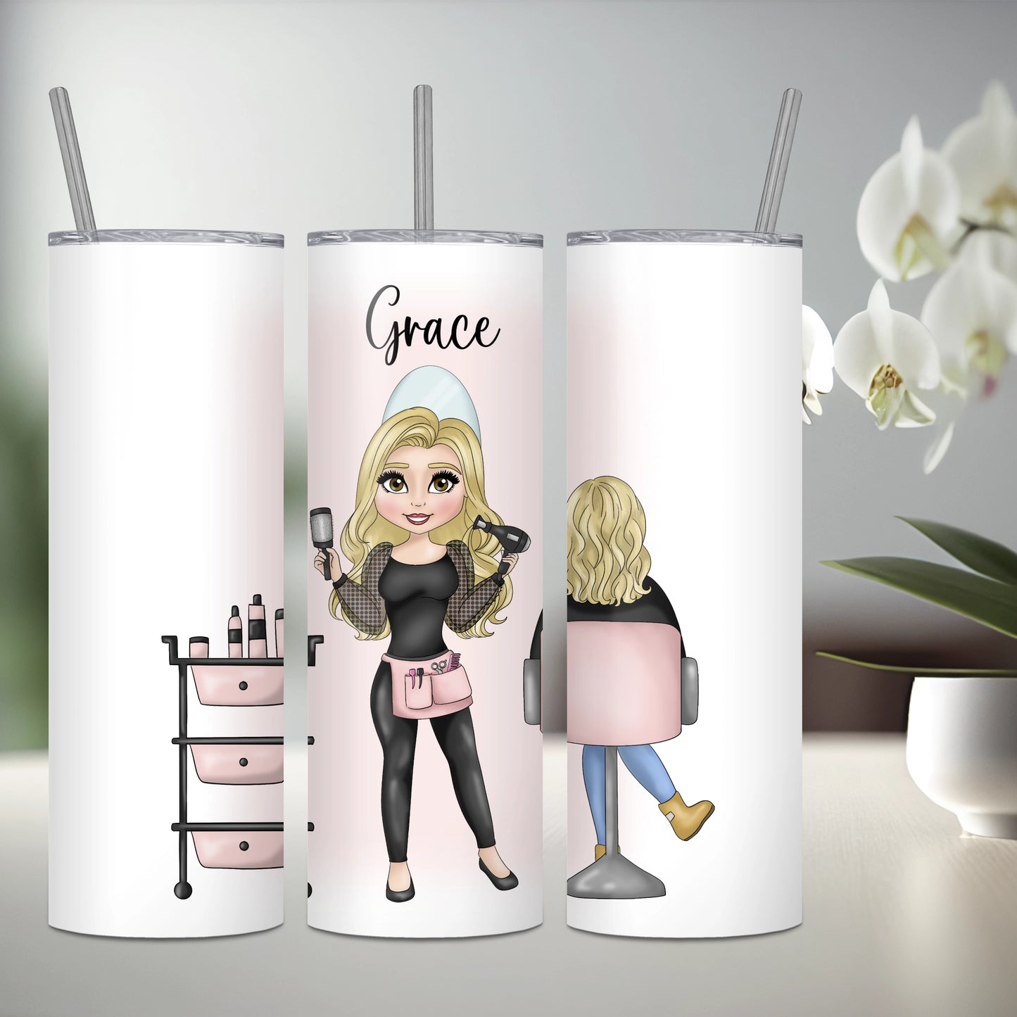 Personalised stainless steel tumbler featuring a hairdresser with blonde hair and a seated client with blonde 
hair