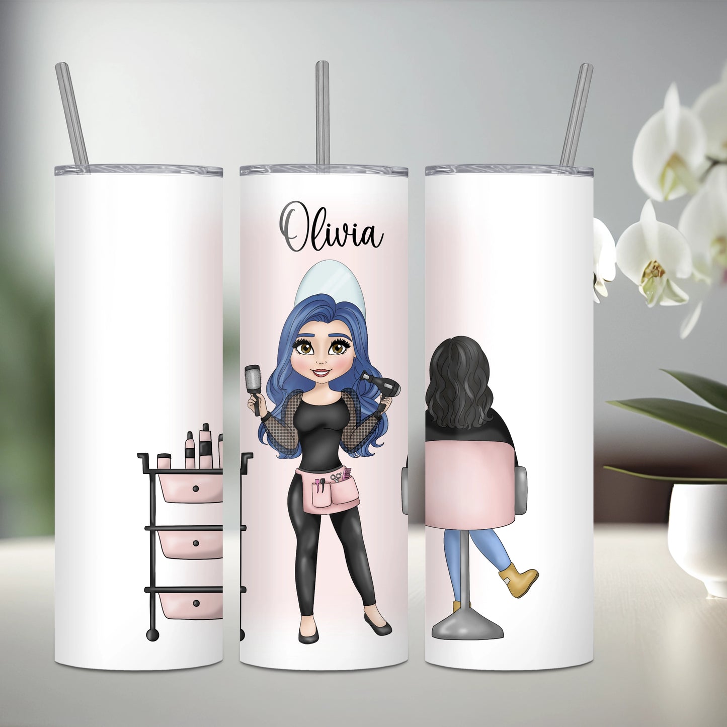 Personalised stainless steel tumbler featuring a hairdresser with blue hair and a seated client with black hair