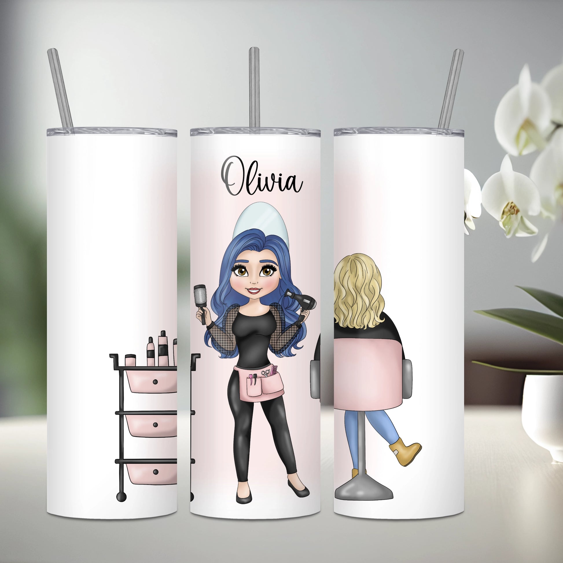 Personalised stainless steel tumbler featuring a hairdresser with blue hair and a seated client with blonde hair