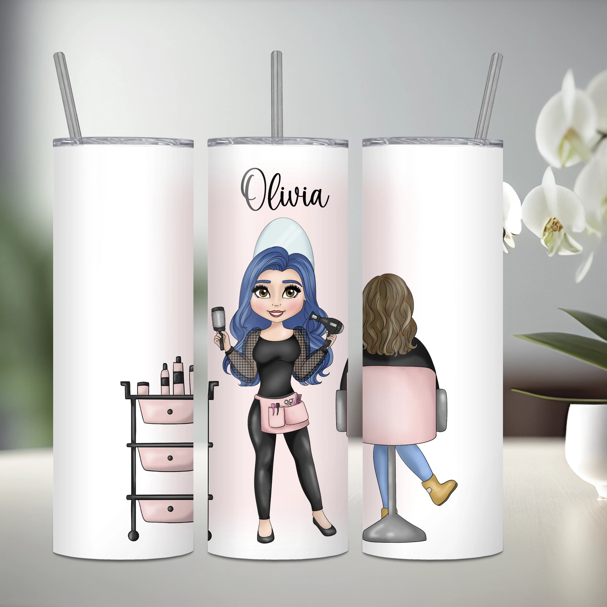 Personalised stainless steel tumbler featuring a hairdresser with blue hair and a seated client with brown hair