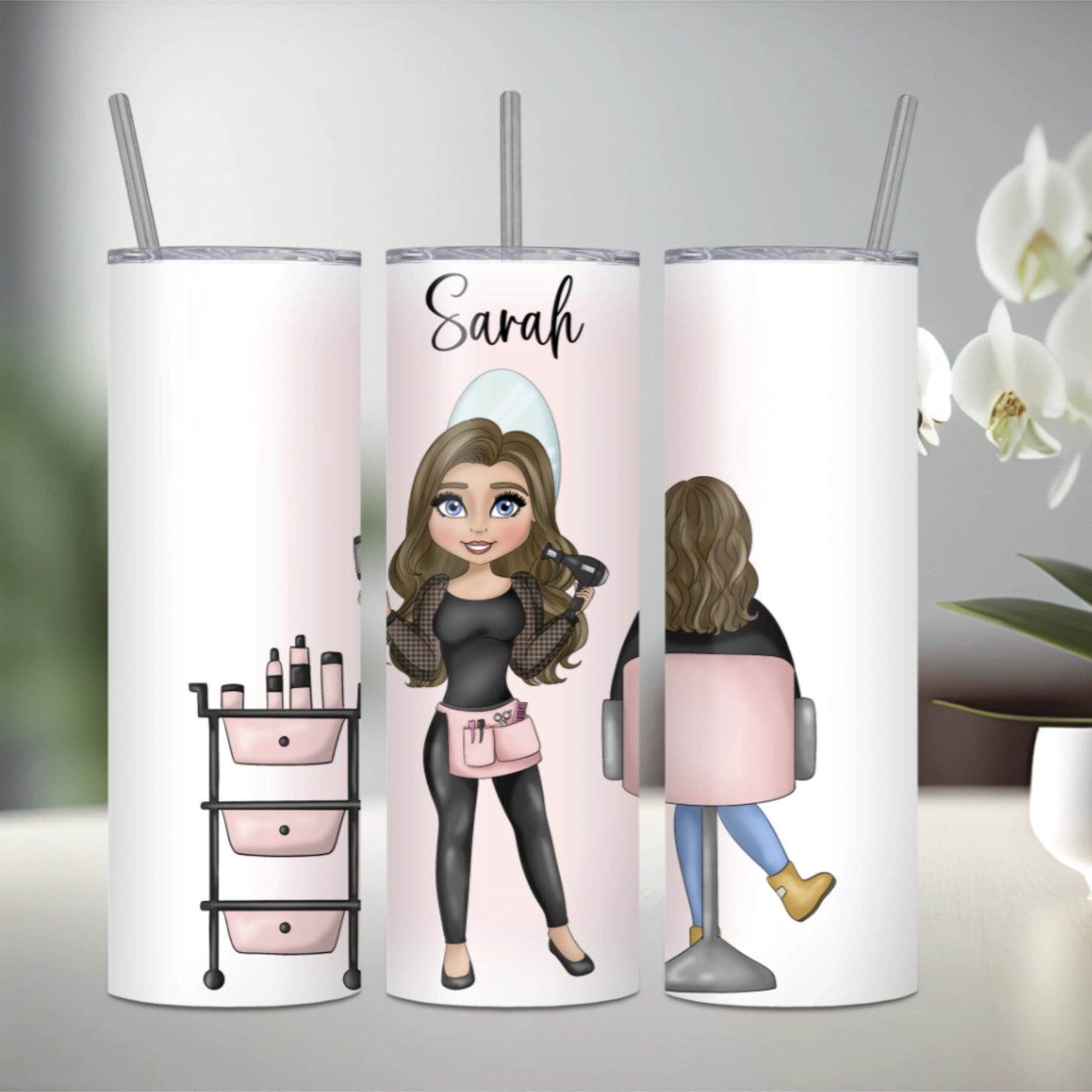 Personalised stainless steel tumbler featuring a hairdresser with brown hair and a seated client with brown hair