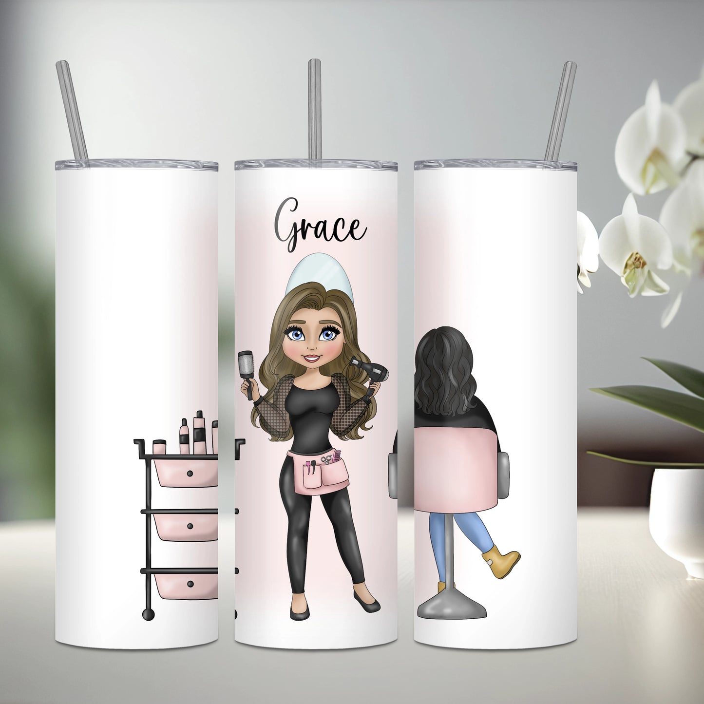 Personalised stainless steel tumbler featuring a hairdresser with brown hair and a seated client with black hair