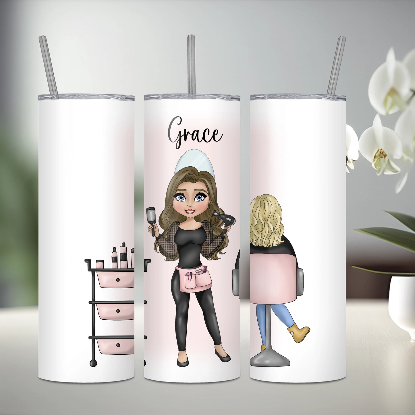 Personalised stainless steel tumbler featuring a hairdresser with brown hair and a seated client with blonde hair