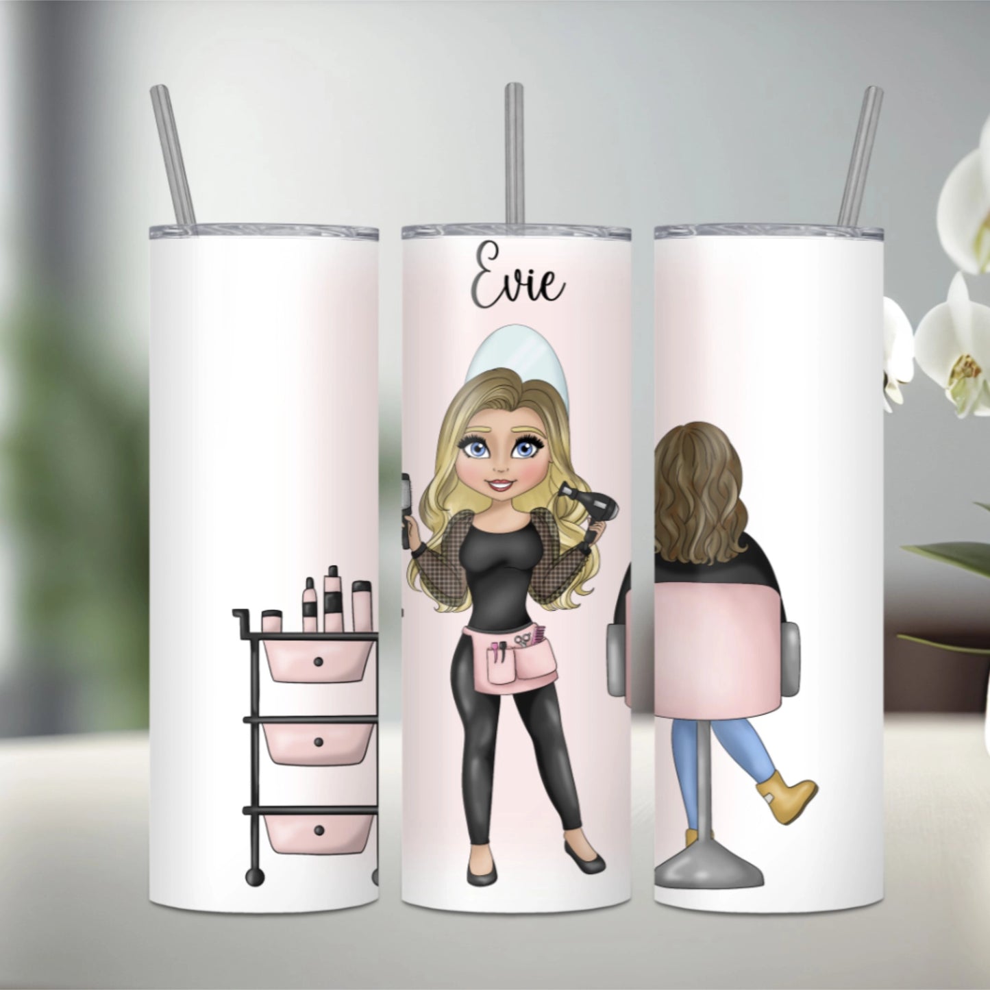 Personalised stainless steel tumbler featuring a hairdresser with ombre hair and a seated client with brown hair