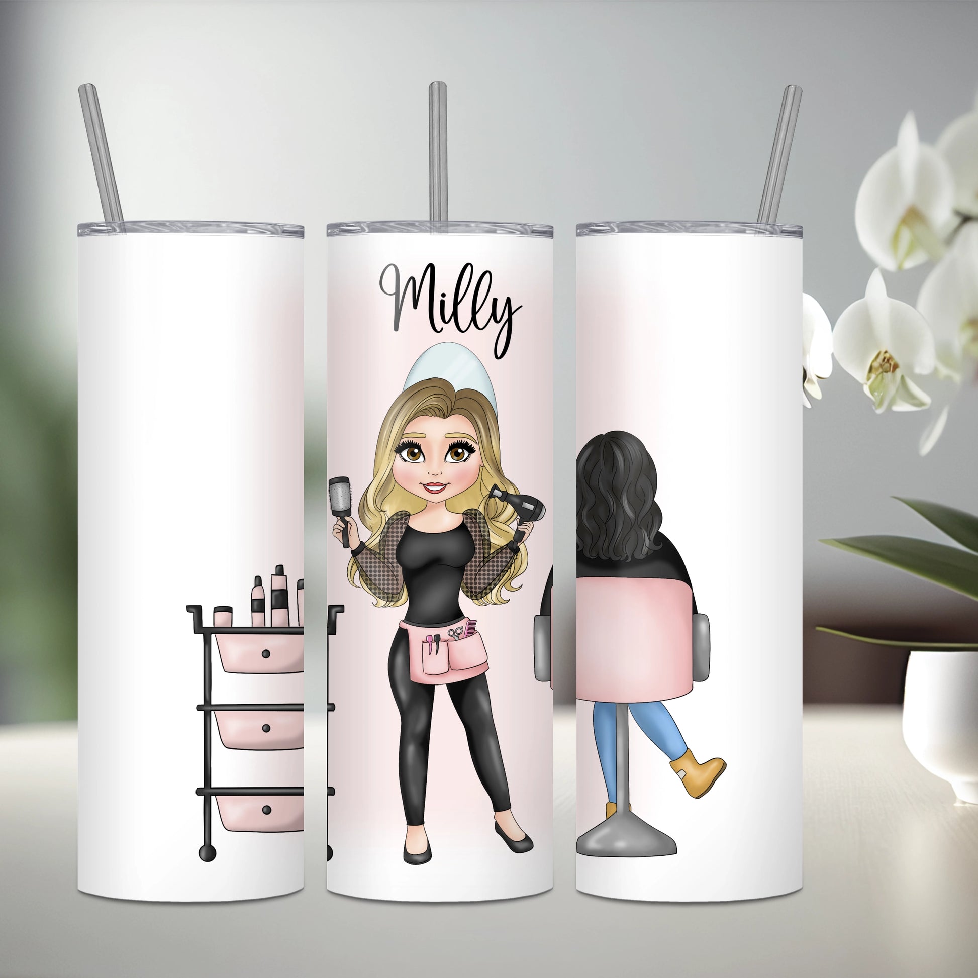 Personalised stainless steel tumbler featuring a hairdresser with ombre hair and a seated client with black hair