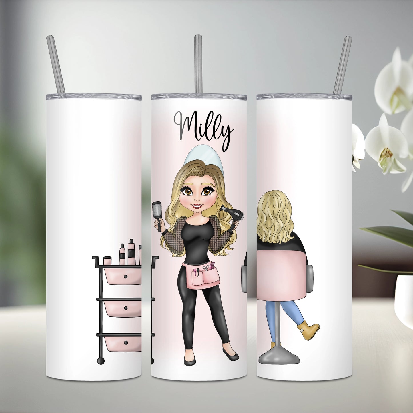 Personalised stainless steel tumbler featuring a hairdresser with ombre hair and a seated client with blonde 
hair