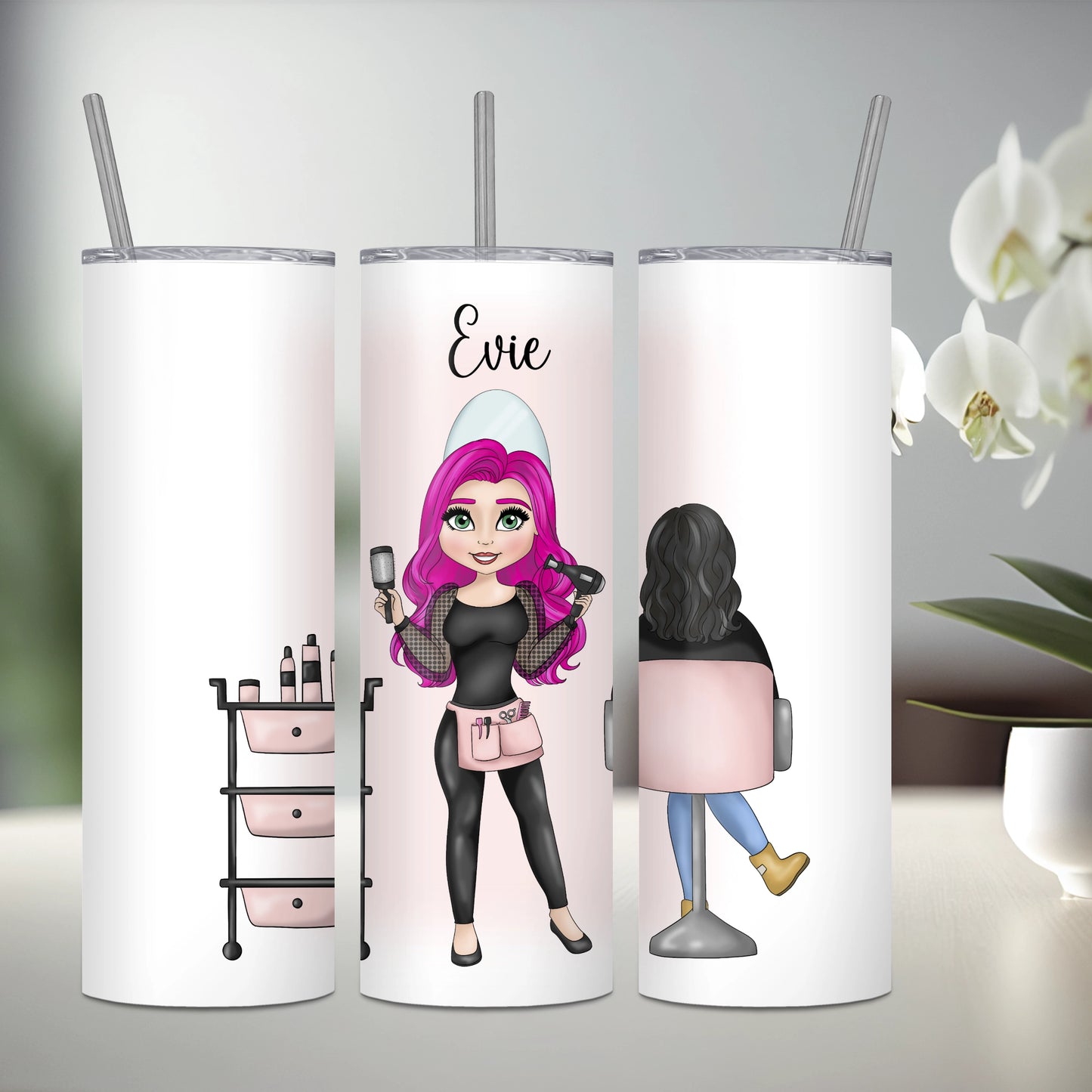 Personalised stainless steel tumbler featuring a hairdresser with pink hair and a seated client with black hair