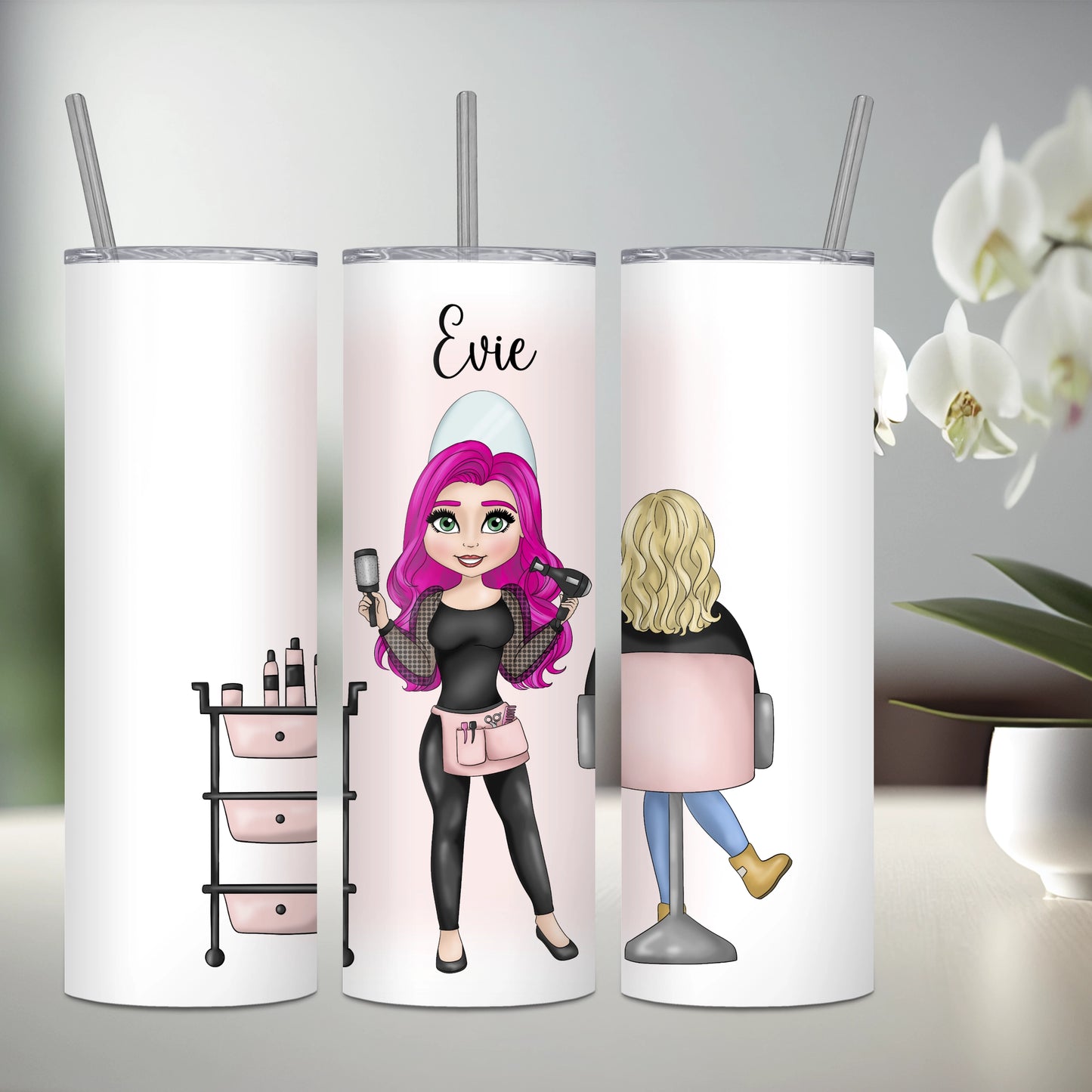 Personalised stainless steel tumbler featuring a hairdresser with pink hair and a seated client with blonde hair