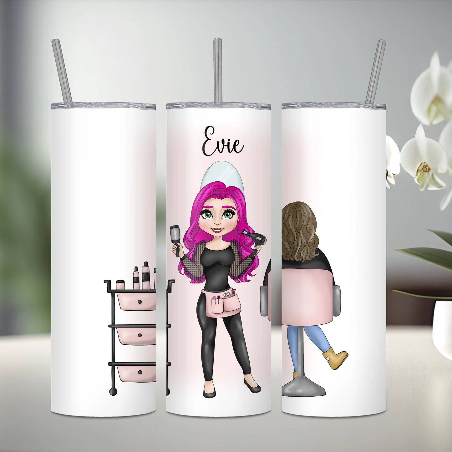 Personalised stainless steel tumbler featuring a hairdresser with pink hair and a seated client with brown hair