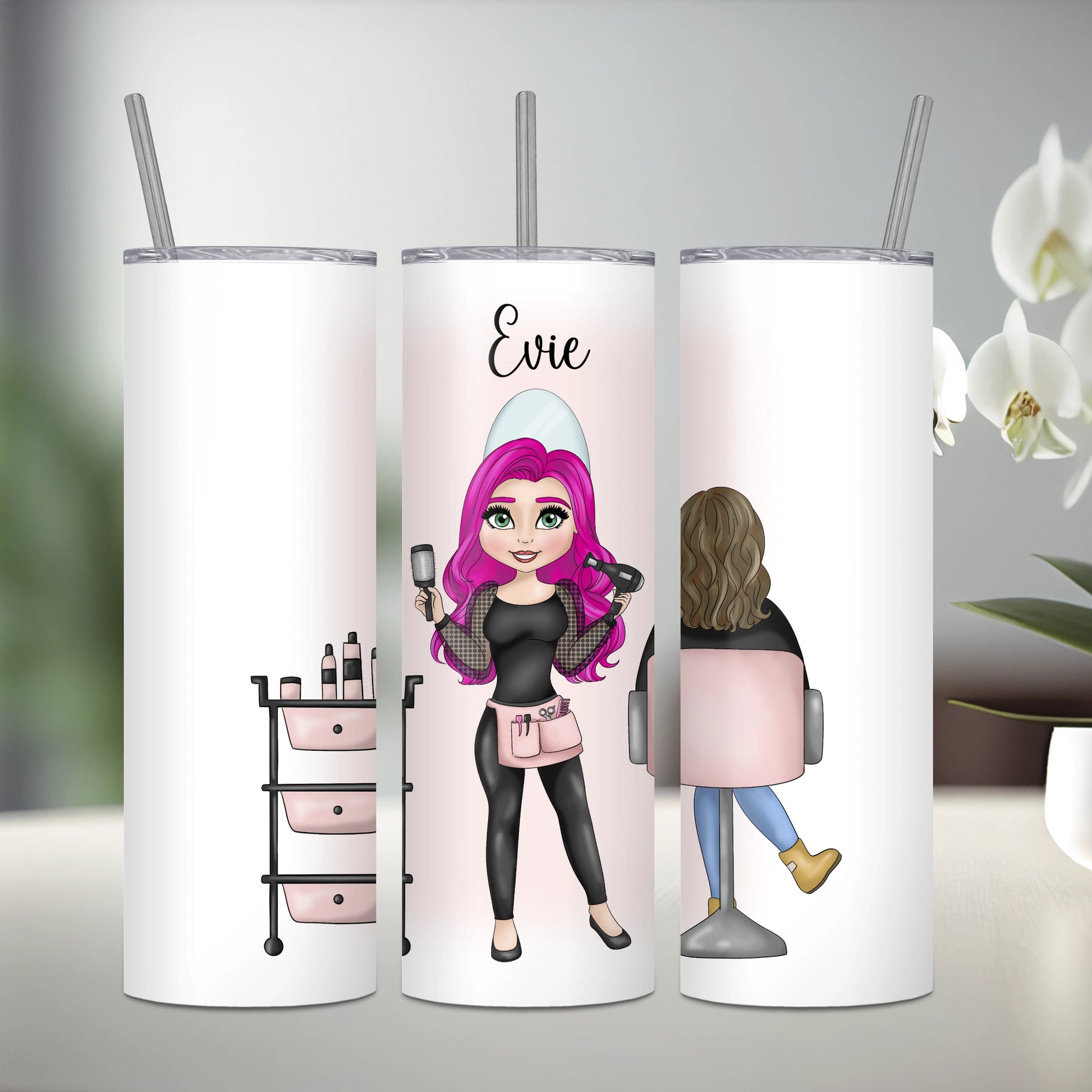 Personalised stainless steel tumbler featuring a hairdresser with pink hair and a seated client with brown hair