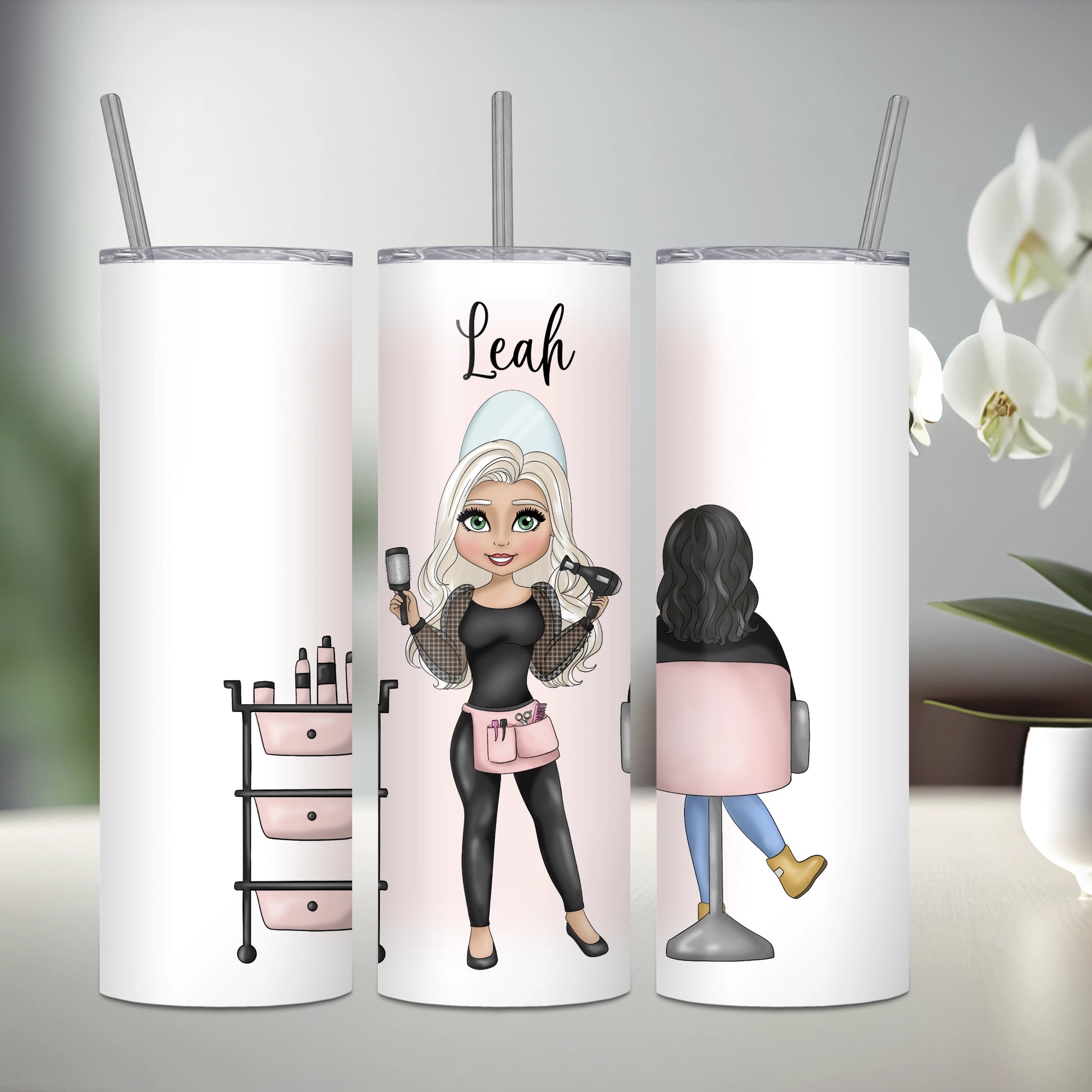 Personalised stainless steel tumbler featuring a hairdresser with platinum hair and a seated client with black hair