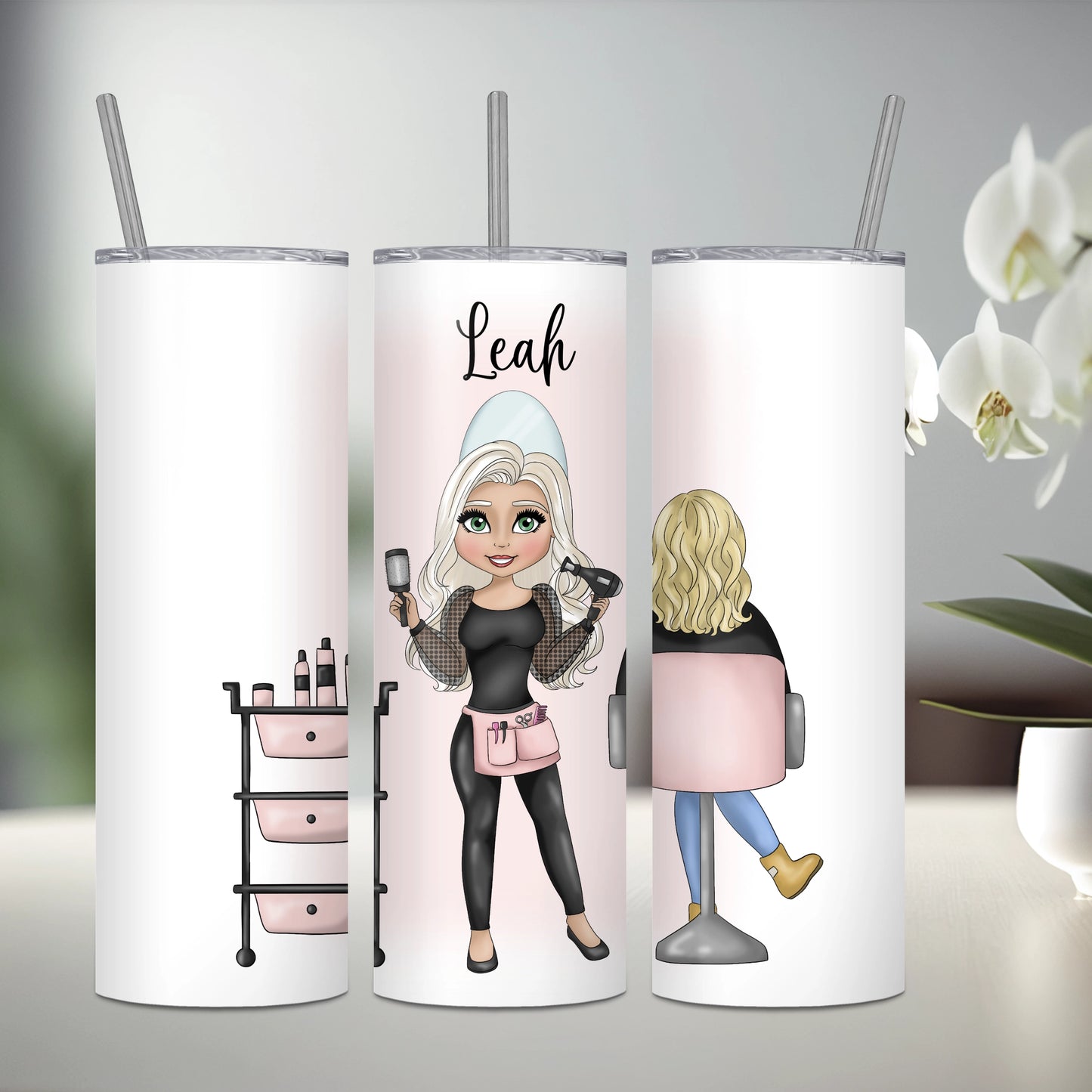 Personalised stainless steel tumbler featuring a hairdresser with platinum hair and a seated client with blonde hair