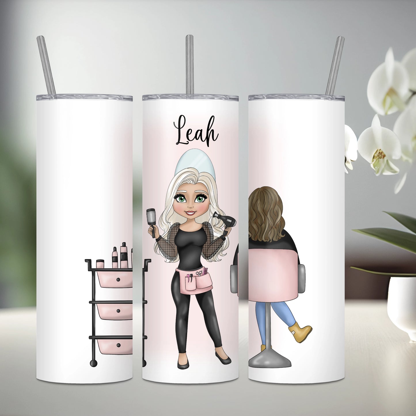 Personalised stainless steel tumbler featuring a hairdresser with platinum hair and a seated client with brown 
hair