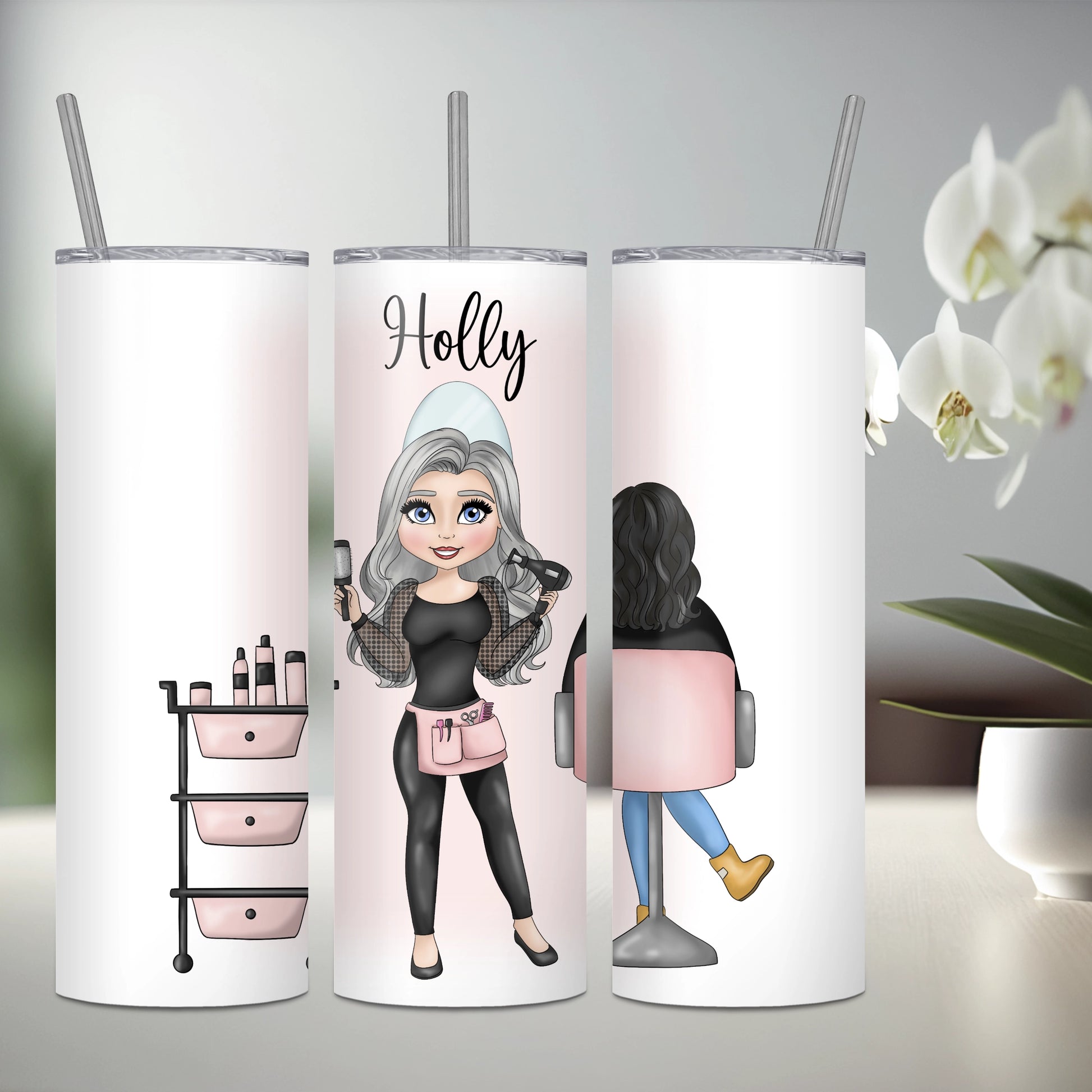 Personalised stainless steel tumbler featuring a hairdresser with silver hair and a seated client with black hair