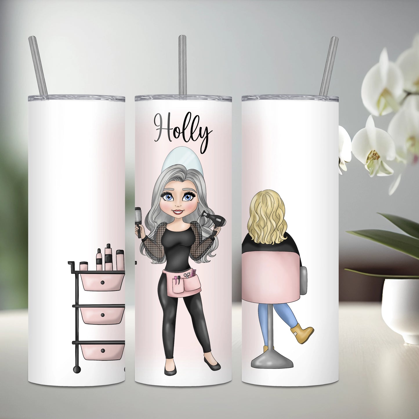 Personalised stainless steel tumbler featuring a hairdresser with silver hair and a seated client with blonde hair