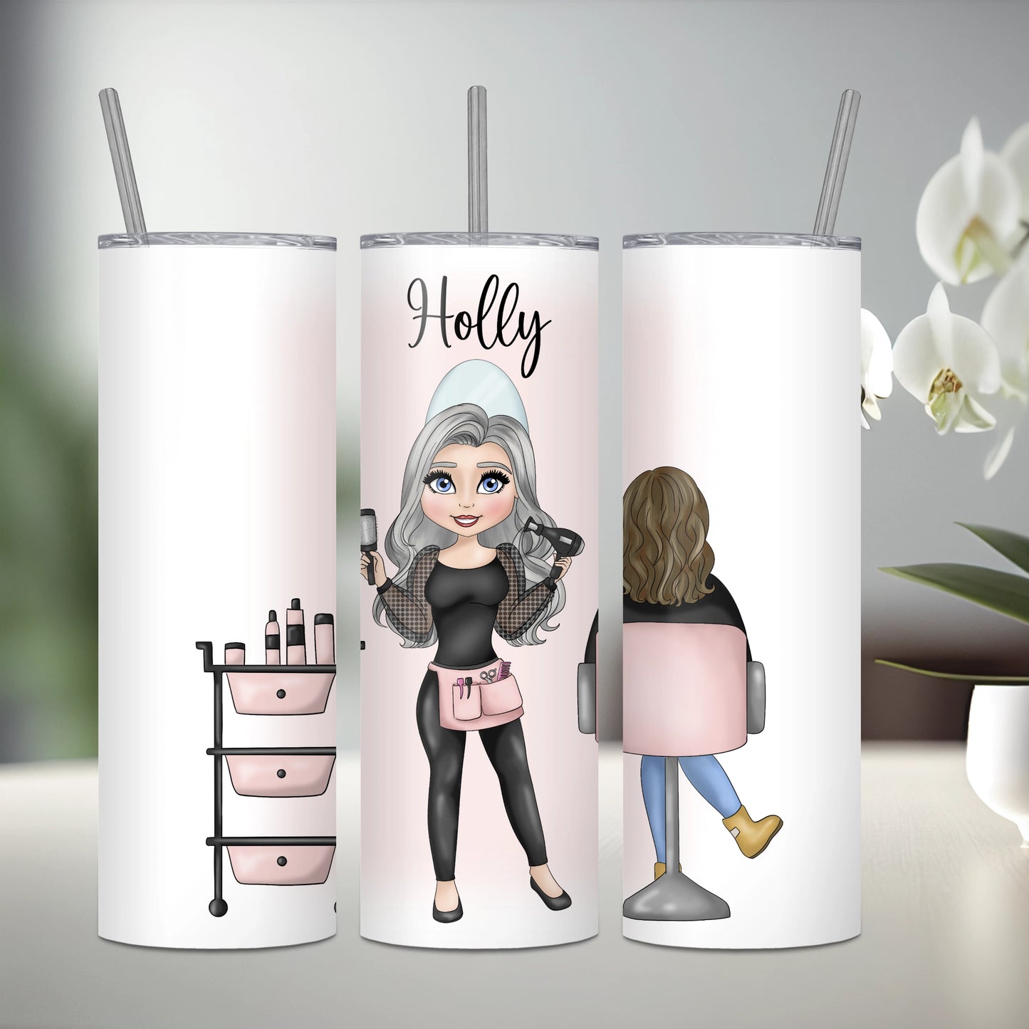 Personalised stainless steel tumbler featuring a hairdresser with silver hair and a seated client with brown hair