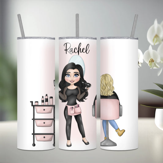 Stainless steel tumbler for hairdressers featuring the image of a hairdresser with black hair and a client with blonde hair