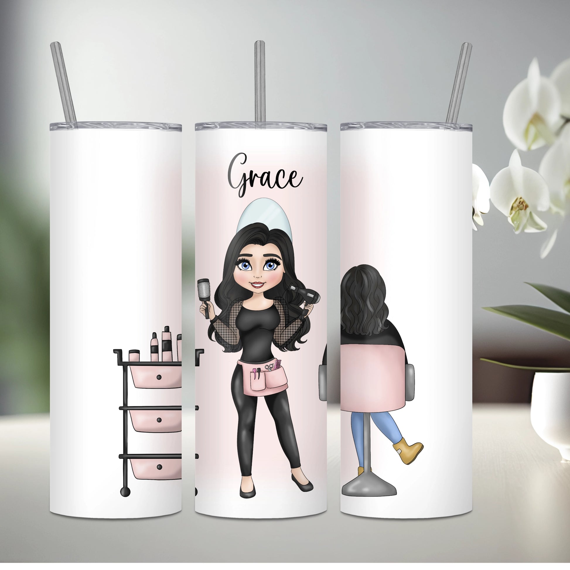 Personalised stainless steel tumbler featuring a hairdresser with black hair and a seated client with black hair