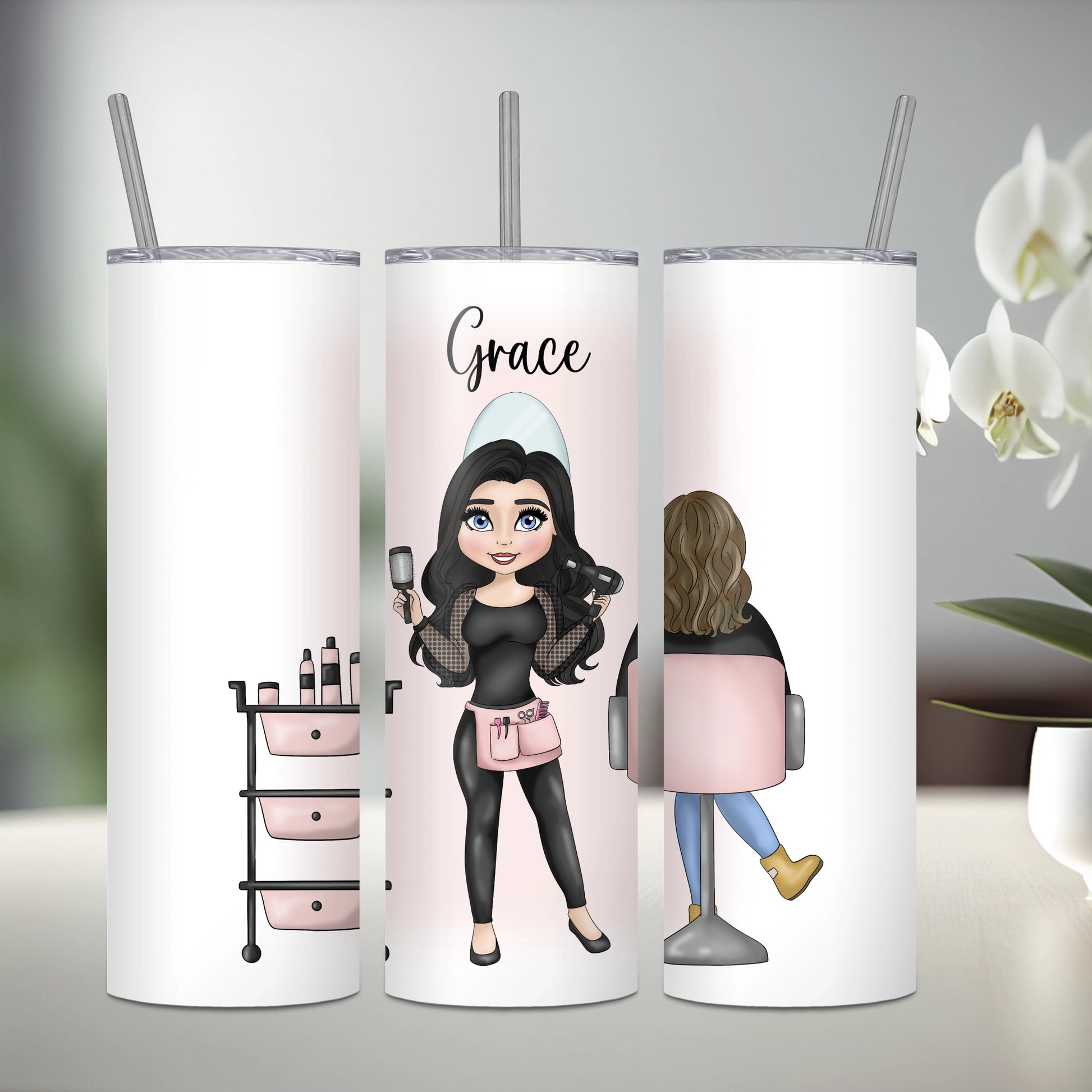 Personalised stainless steel tumbler featuring a hairdresser with black hair and a seated client with brown hair