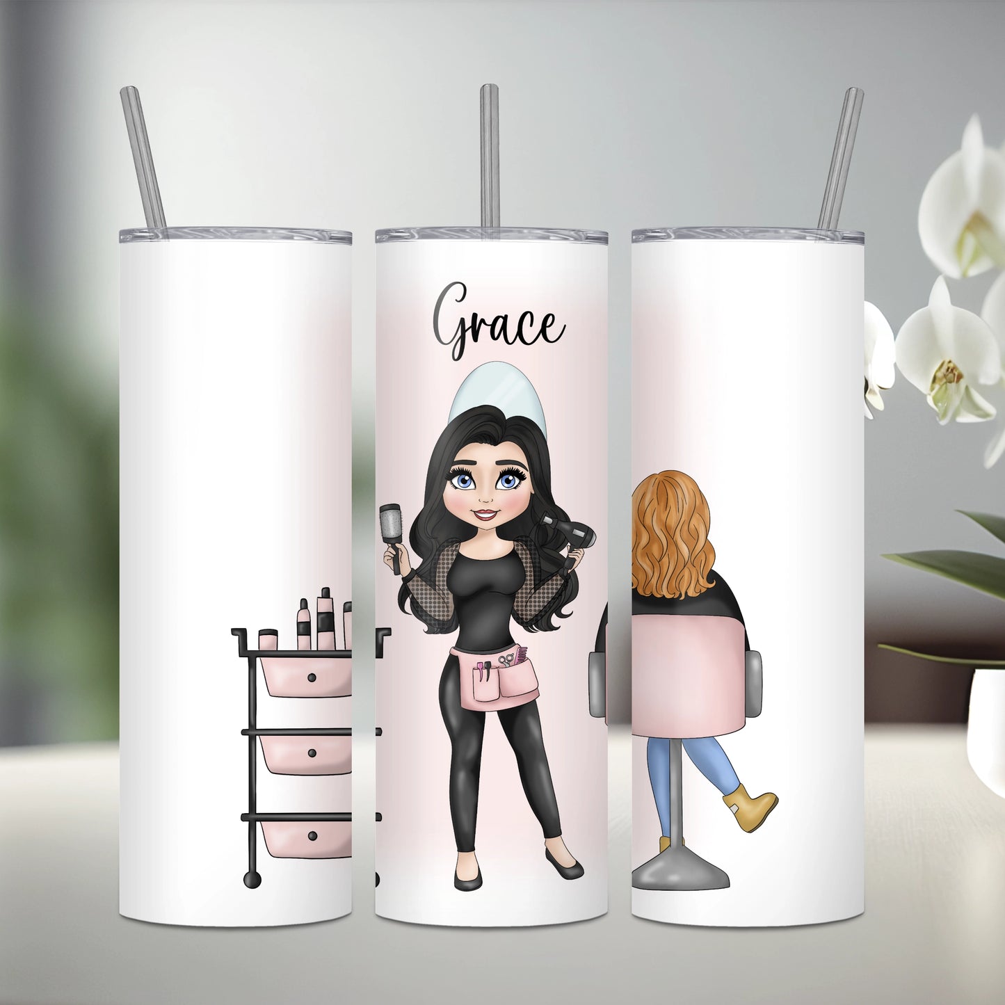 Personalised stainless steel tumbler featuring a hairdresser with black hair and a seated client with orange hair.