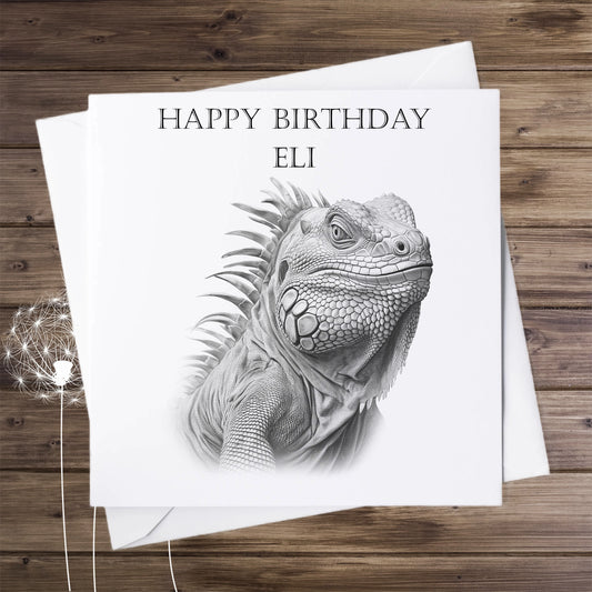 Personalised Birthday card featuring the image of a sketch of an iguana