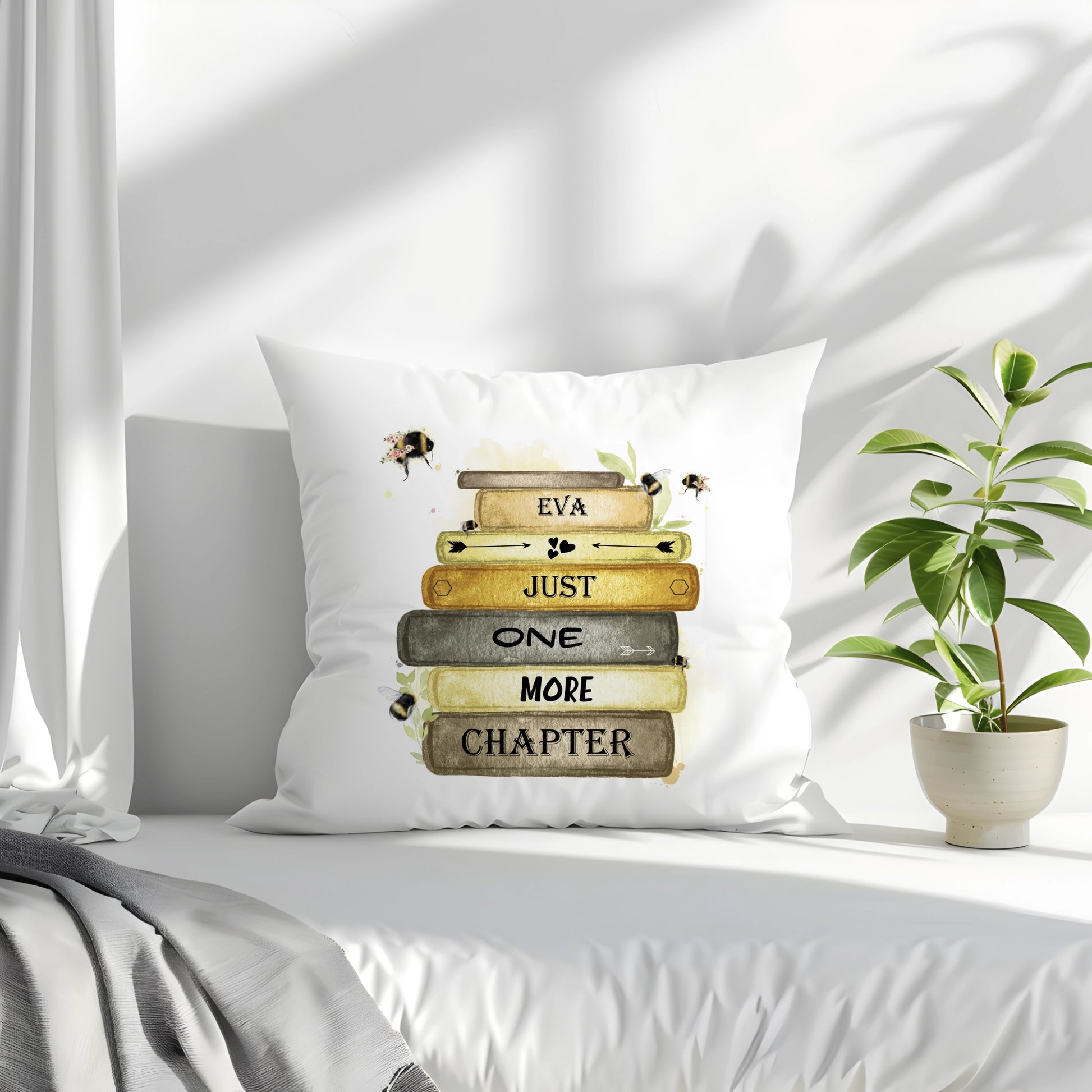 bumble bee book stack design personalised cushion with the quote 'just one more chapter'