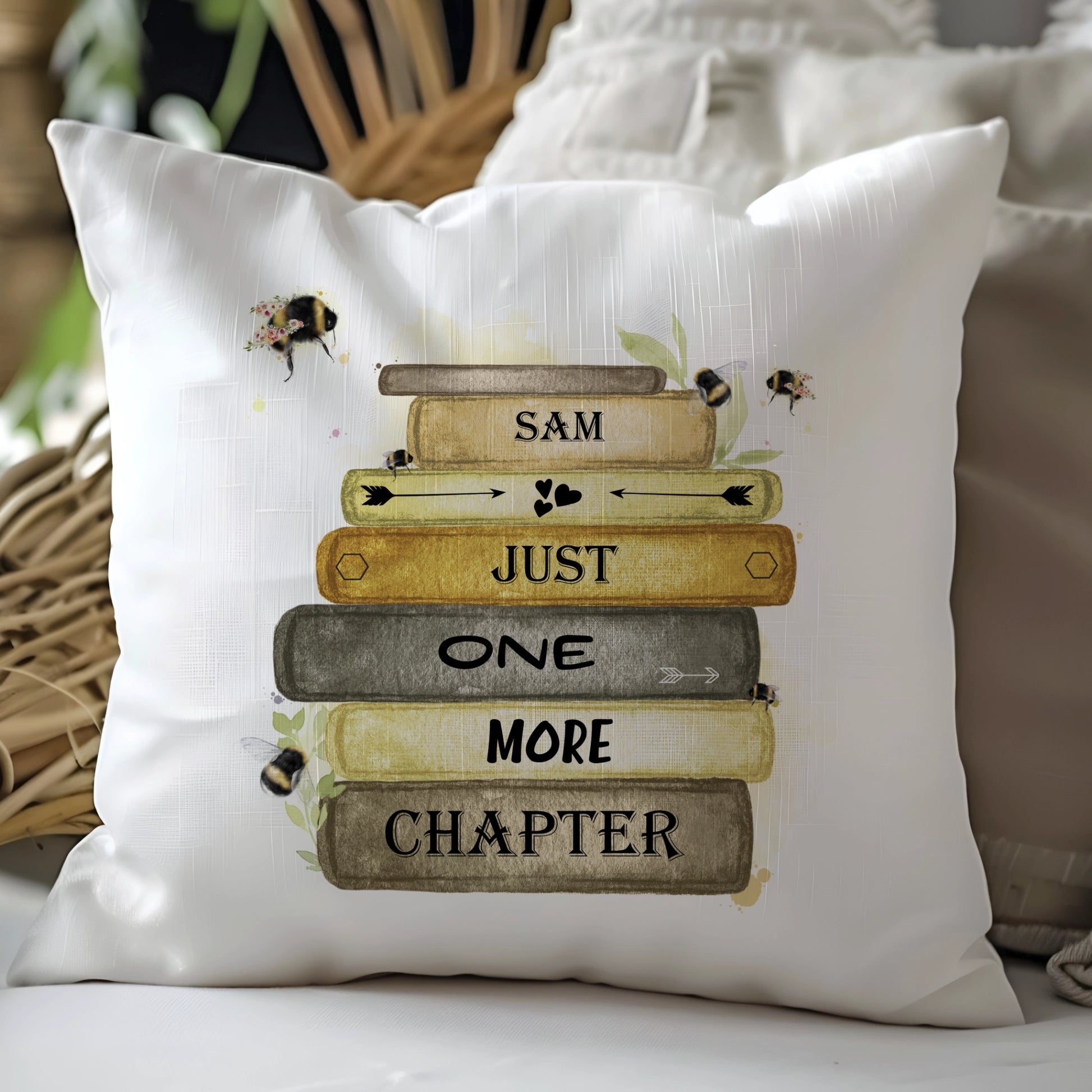 bumble bee book stack design personalised cushion with the quote 'just one more chapter'