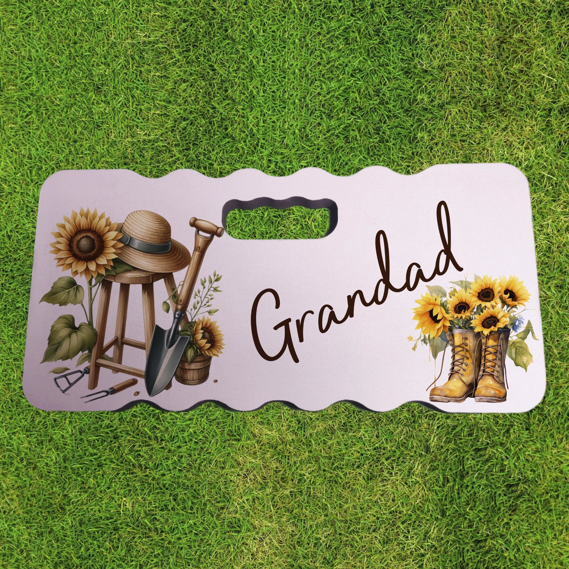 Personalised Kneeling Pad with a picture of gardening equipment and wellies with sunflowers and the name Grandad