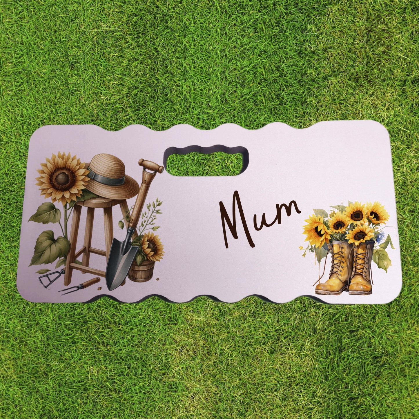 Personalised Kneeling Pad with a picture of gardening equipment and wellies with sunflowers and the name Mum