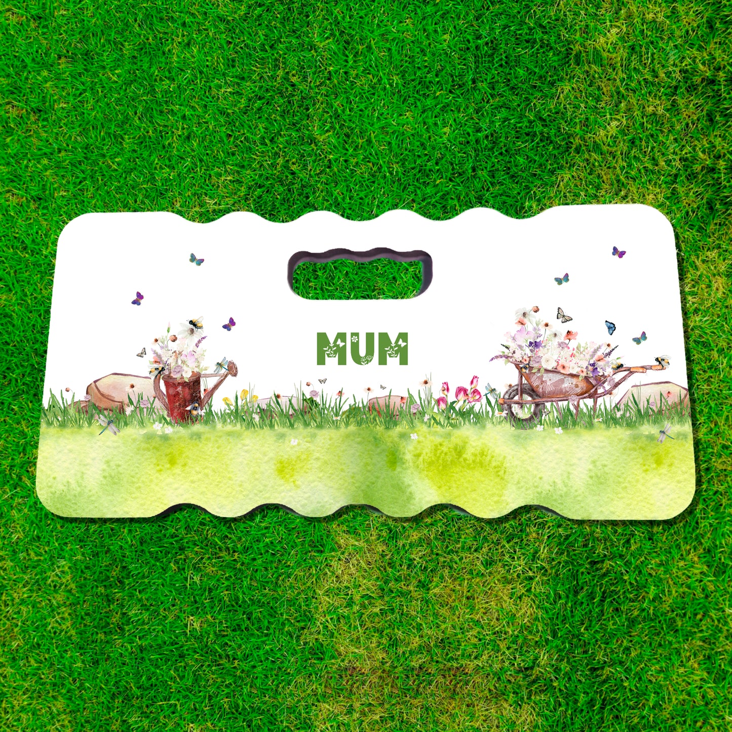 Foam kneeling pad with floral watering can and wheelbarrow mum