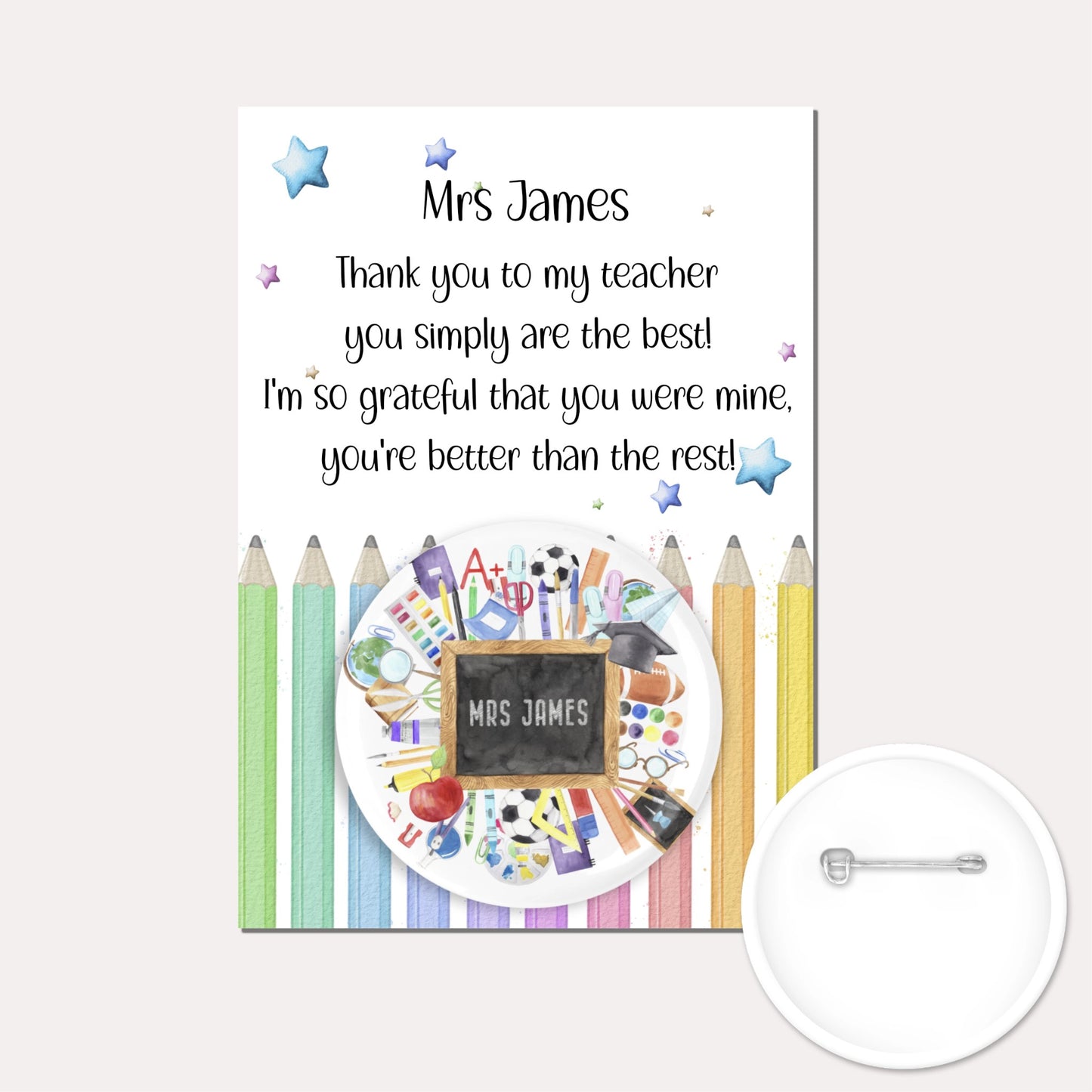 Personalised badge featuring a chalkboard and school equipment on a backing card with a pencil design and a poem.