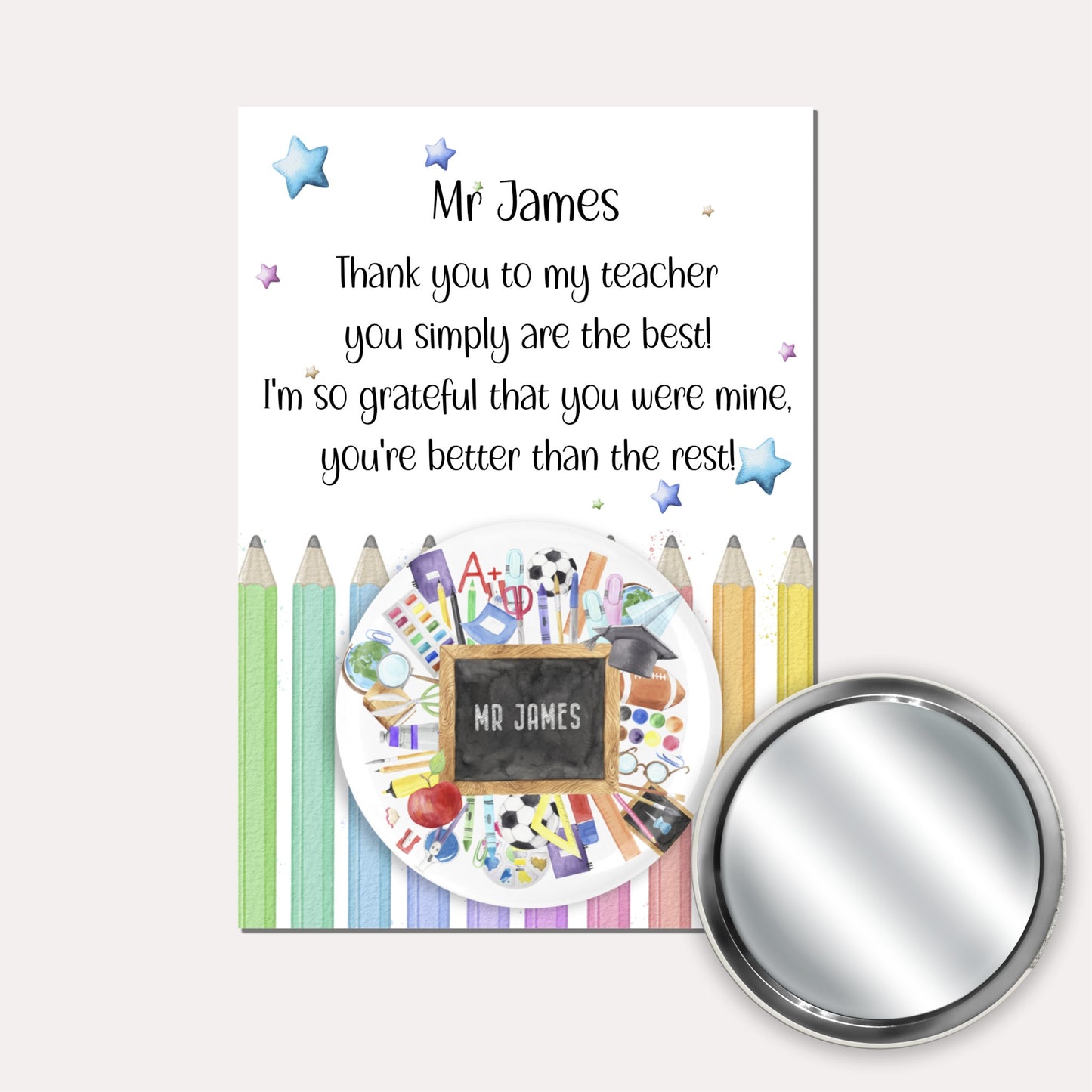 Personalised teacher gifts, badge, mirror or keyring